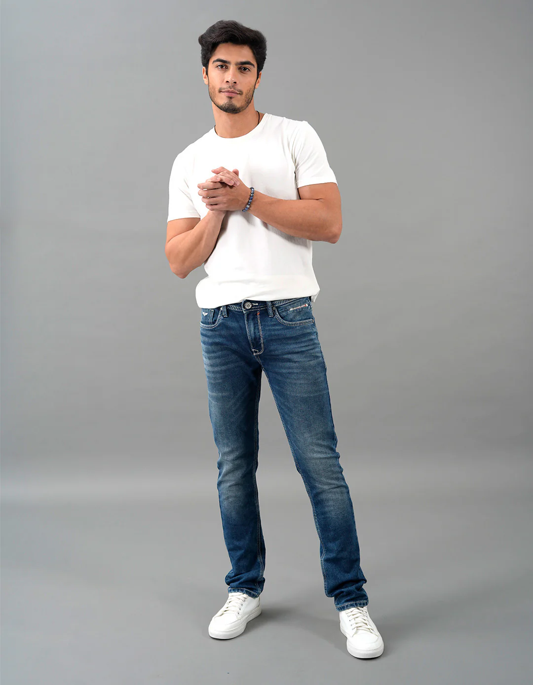 Med Blue 5 Pocket Mid-Rise Slim Straight Fit Jeans - Image 2