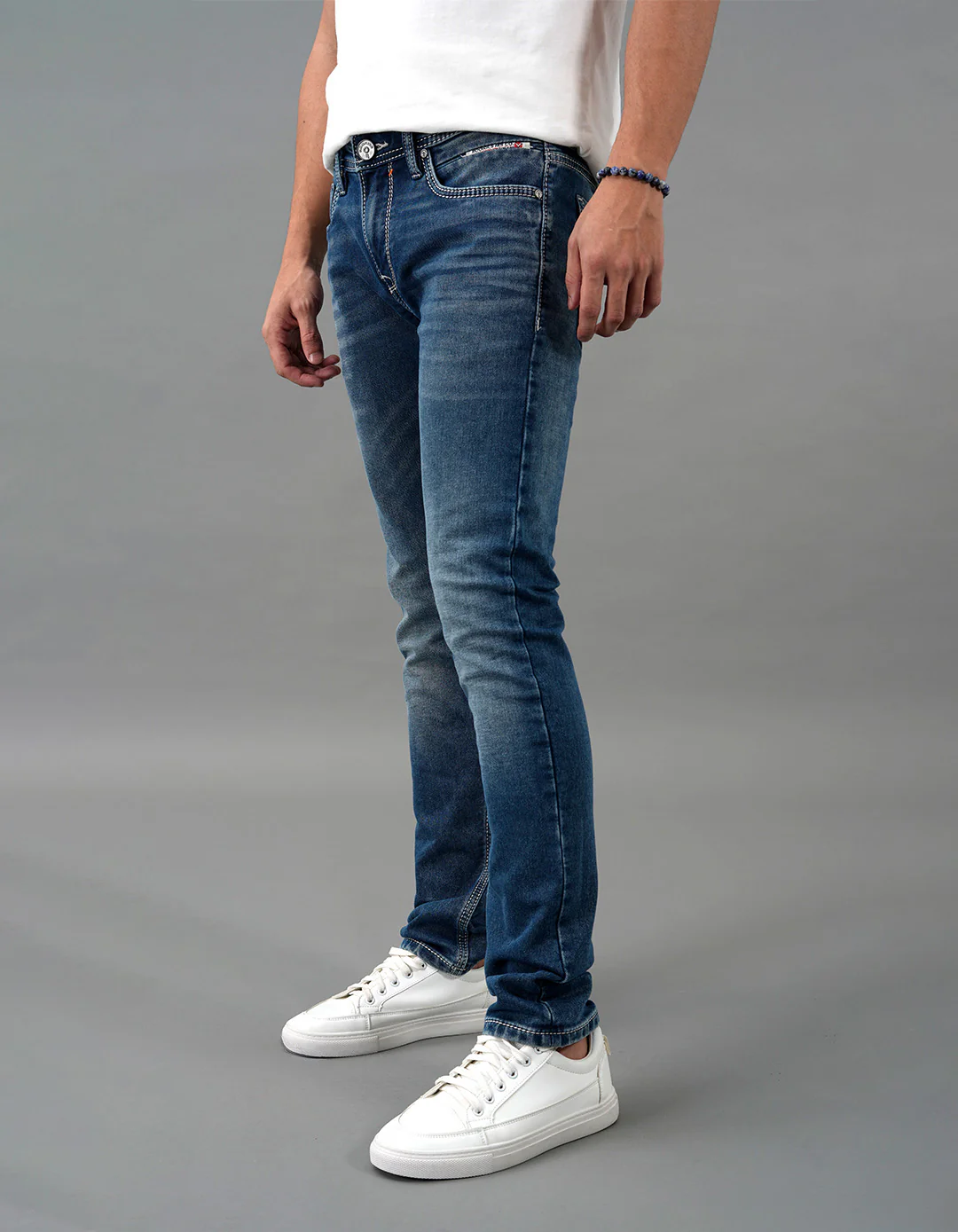 Med Blue 5 Pocket Mid-Rise Slim Straight Fit Jeans - Image 3