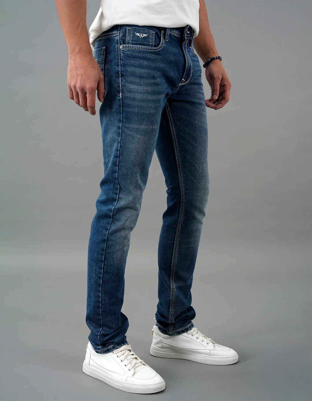 Med Blue 5 Pocket Mid-Rise Slim Straight Fit Jeans - Image 4