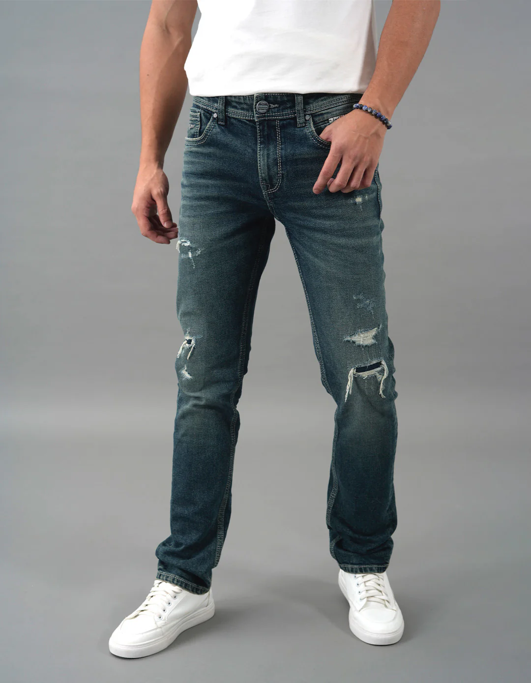 Med Blue 5 Pocket Mid-Rise Slim Straight Fit Jeans