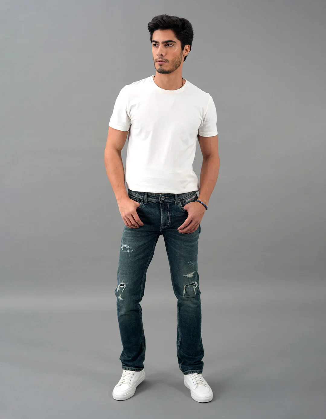 Med Blue 5 Pocket Mid-Rise Slim Straight Fit Jeans - Image 2