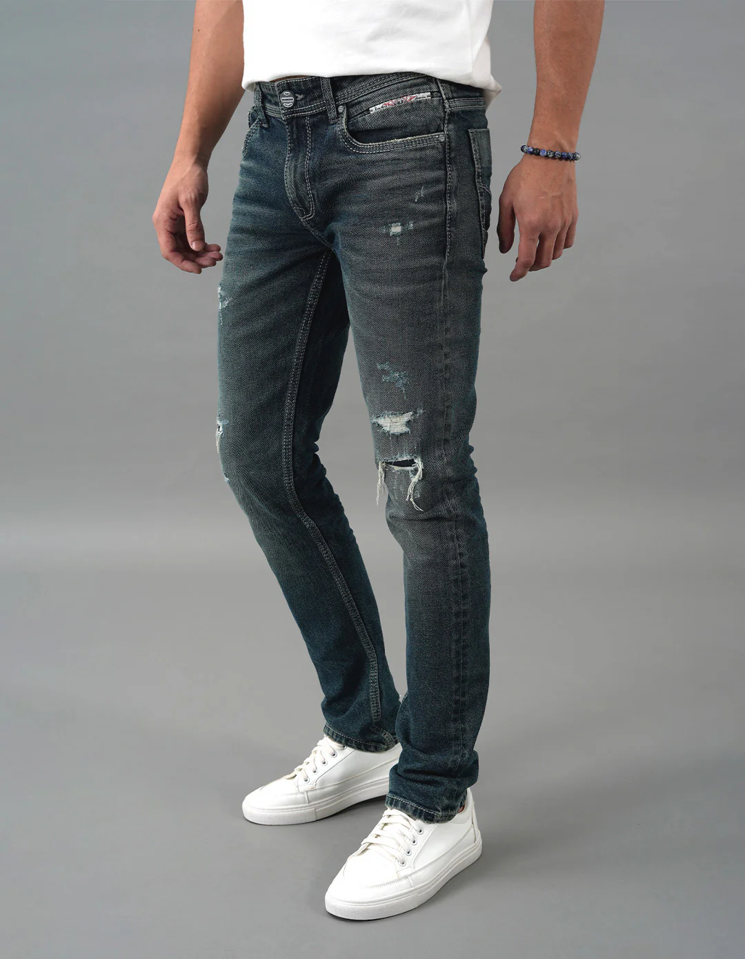 Med Blue 5 Pocket Mid-Rise Slim Straight Fit Jeans - Image 3