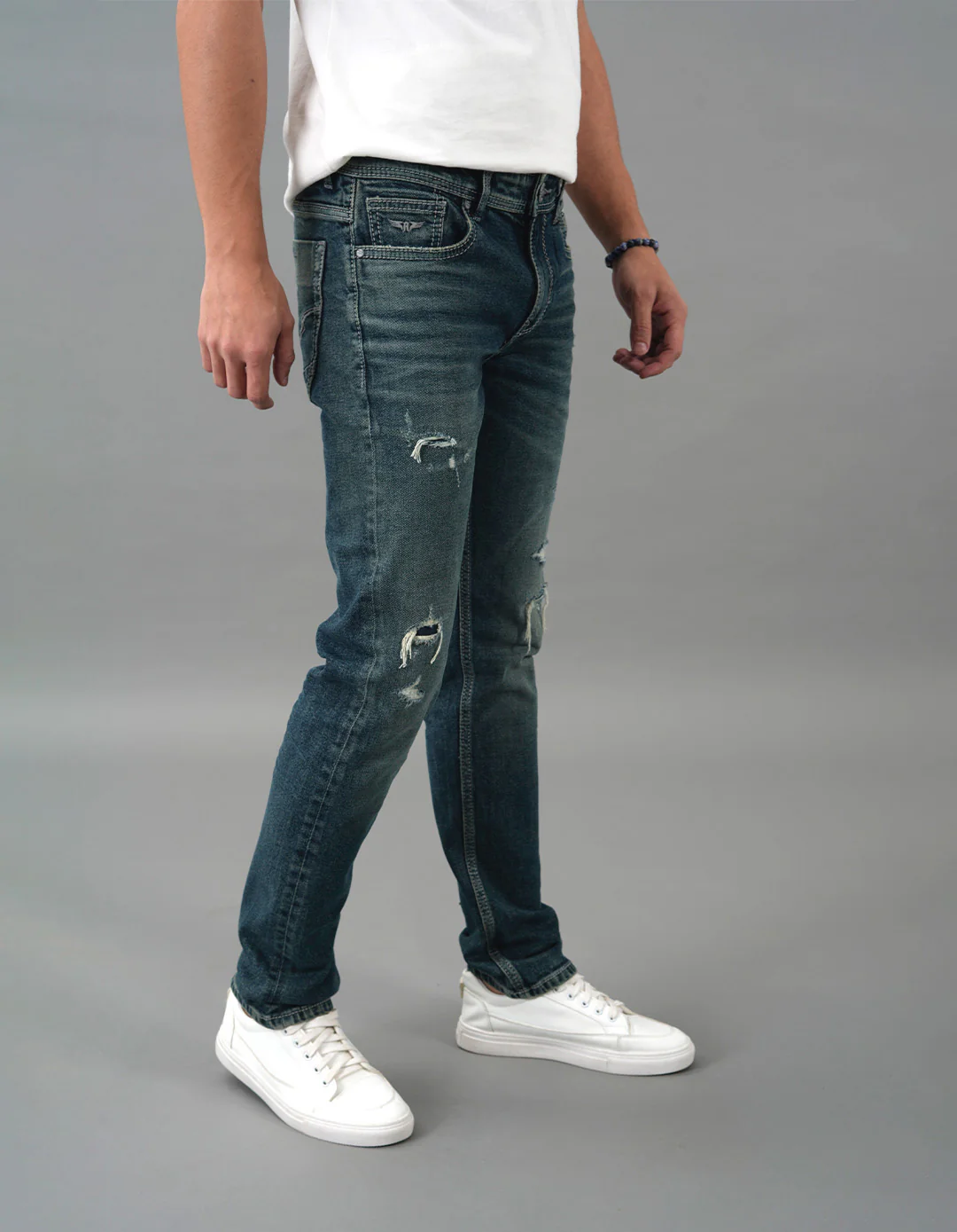 Med Blue 5 Pocket Mid-Rise Slim Straight Fit Jeans - Image 4