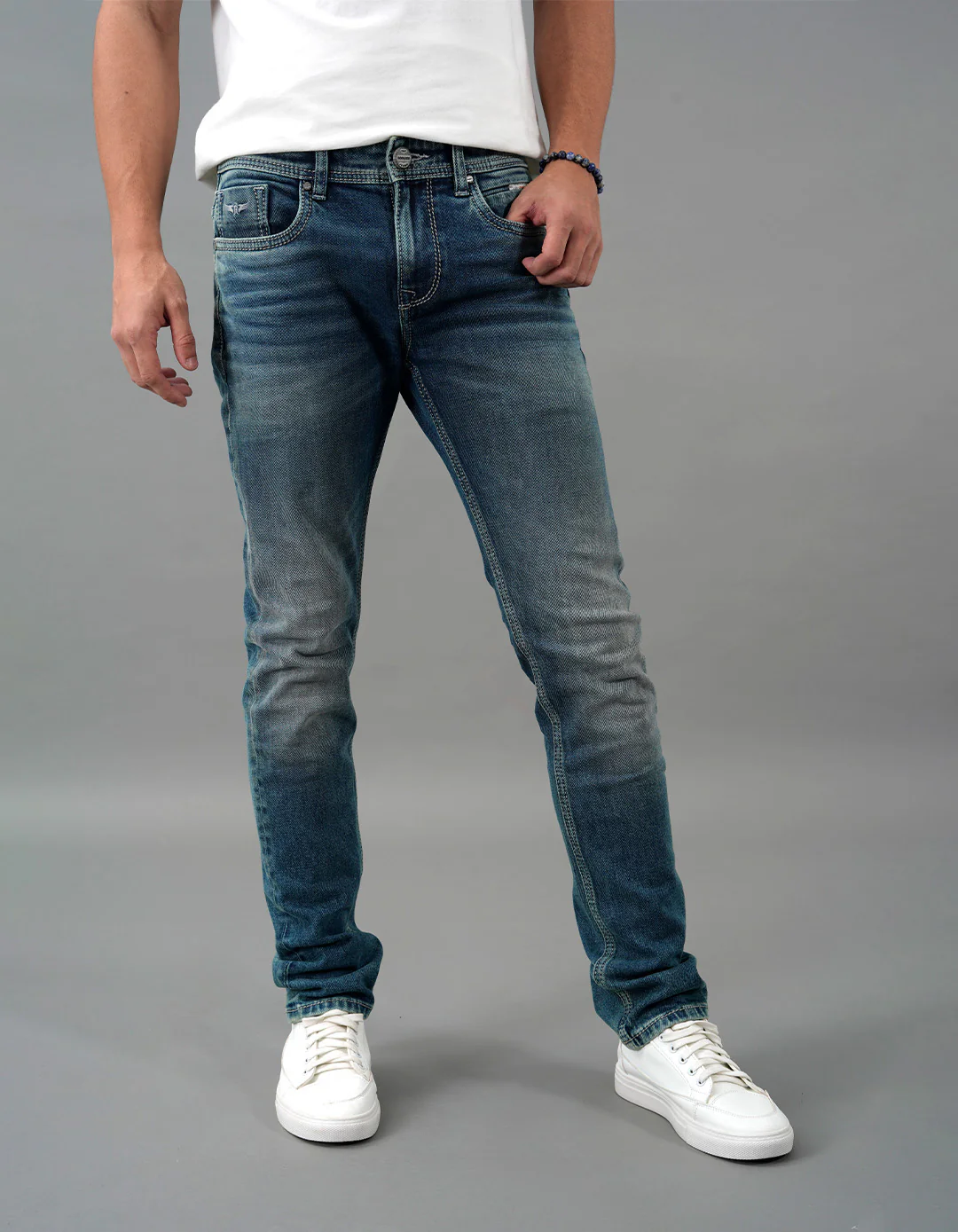 Med Blue 5 Pocket Mid-Rise Slim Straight Fit Jeans