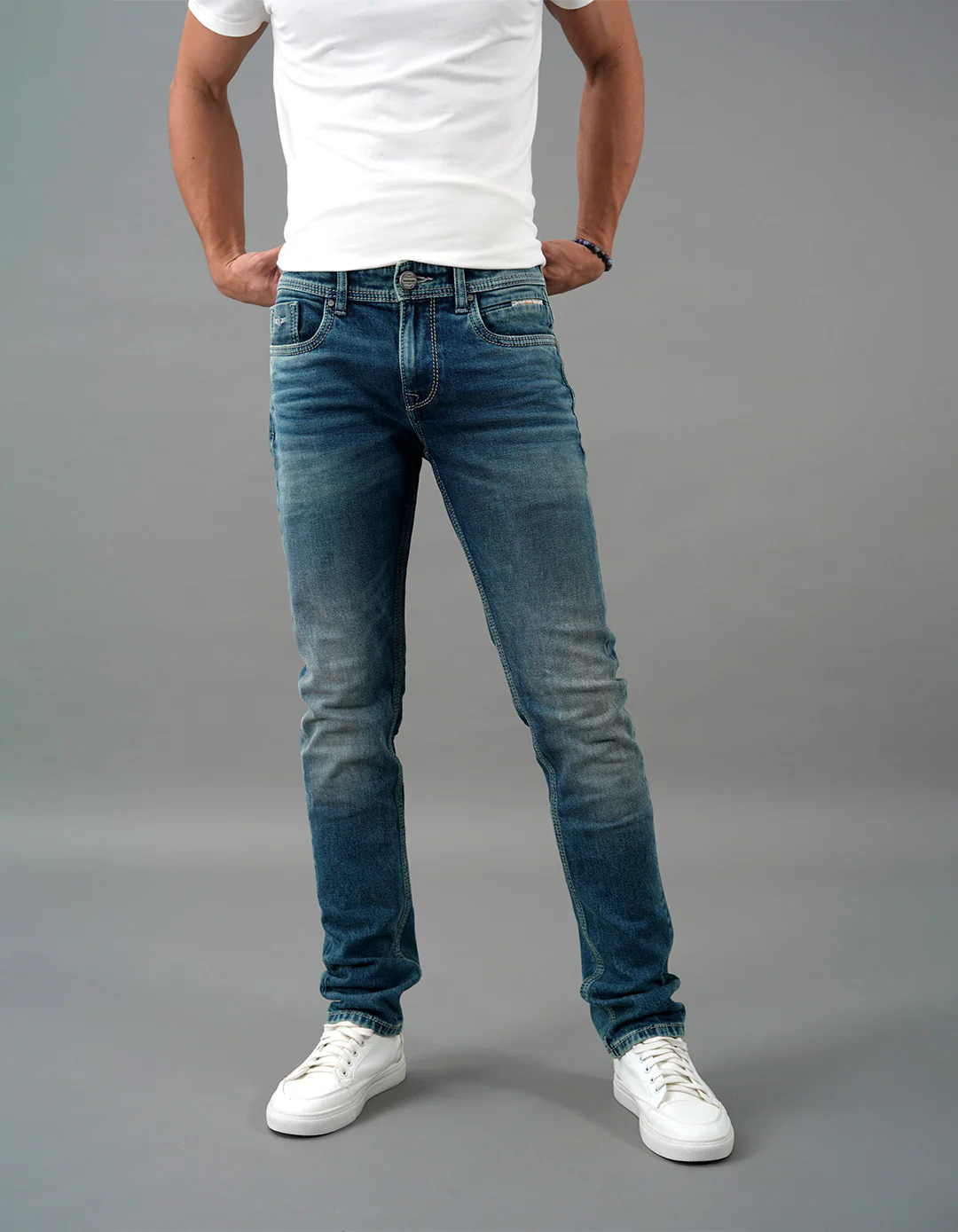 Med Blue 5 Pocket Mid-Rise Slim Straight Fit Jeans