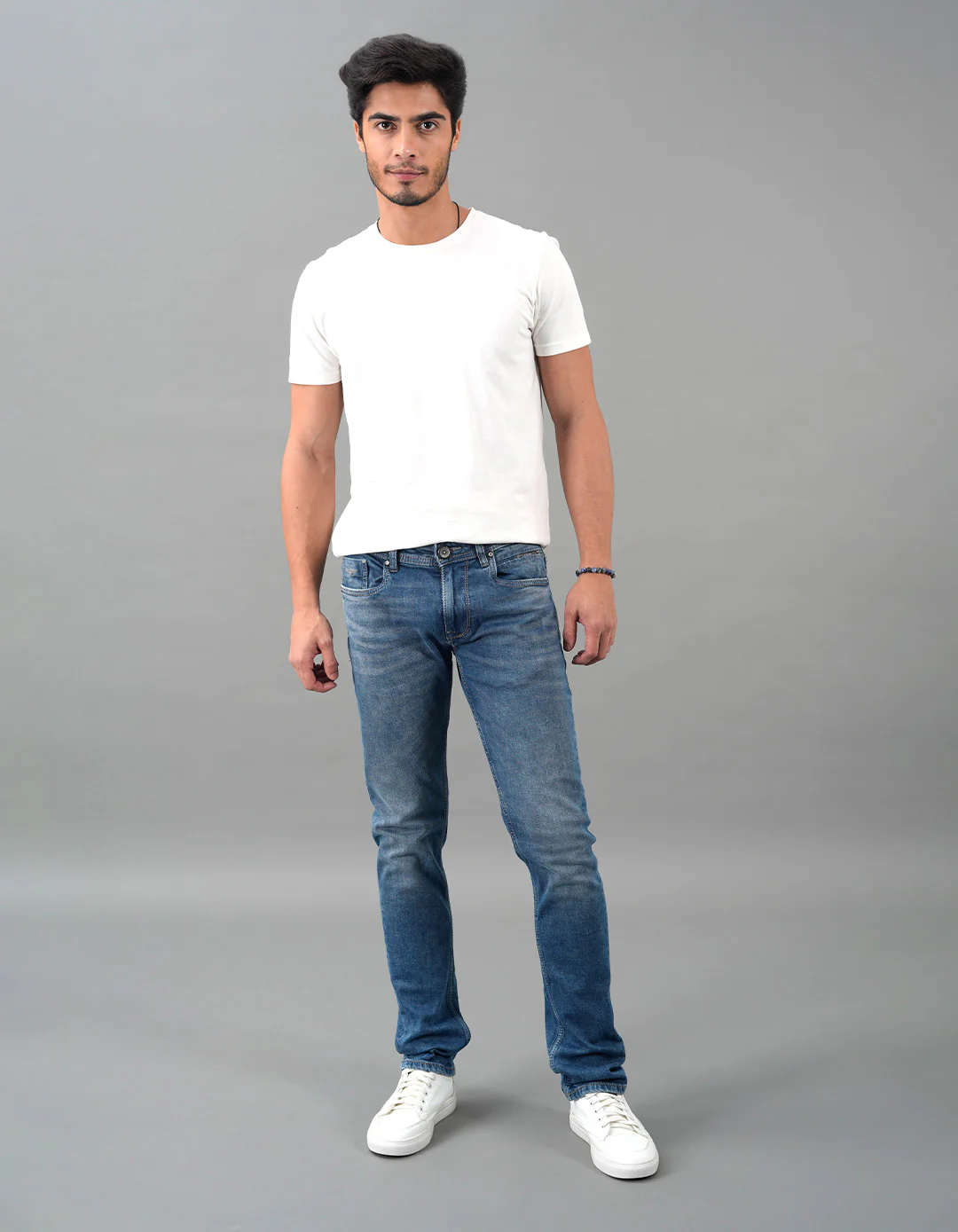 Med Blue 5 Pocket Mid-Rise Slim Straight Fit Jeans - Image 2