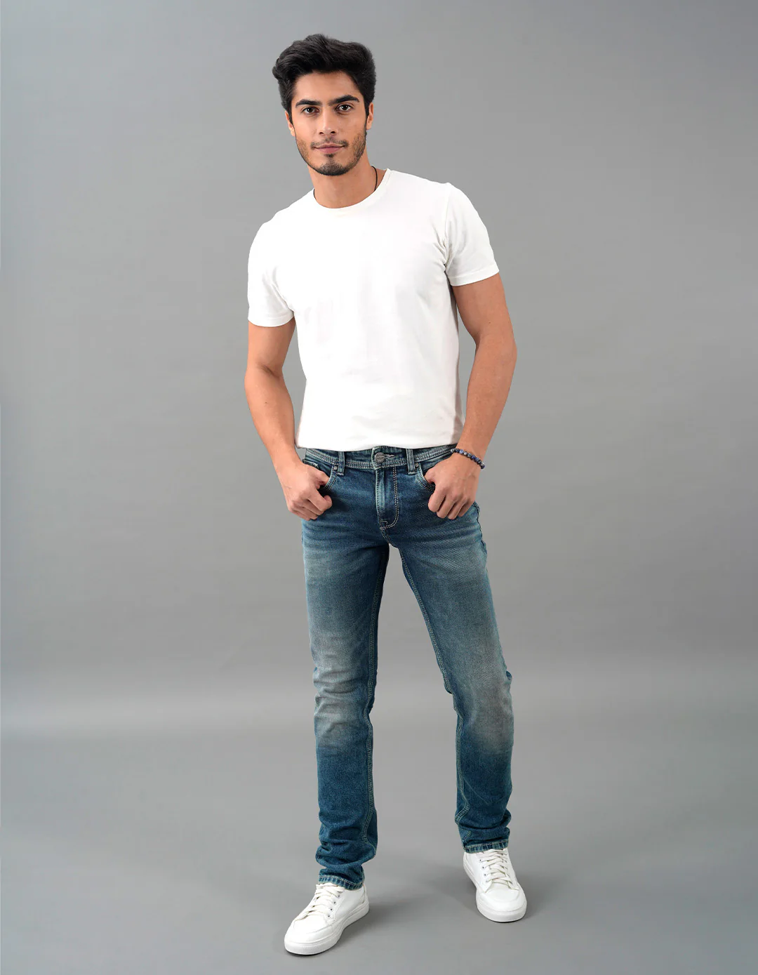 Med Blue 5 Pocket Mid-Rise Slim Straight Fit Jeans - Image 3