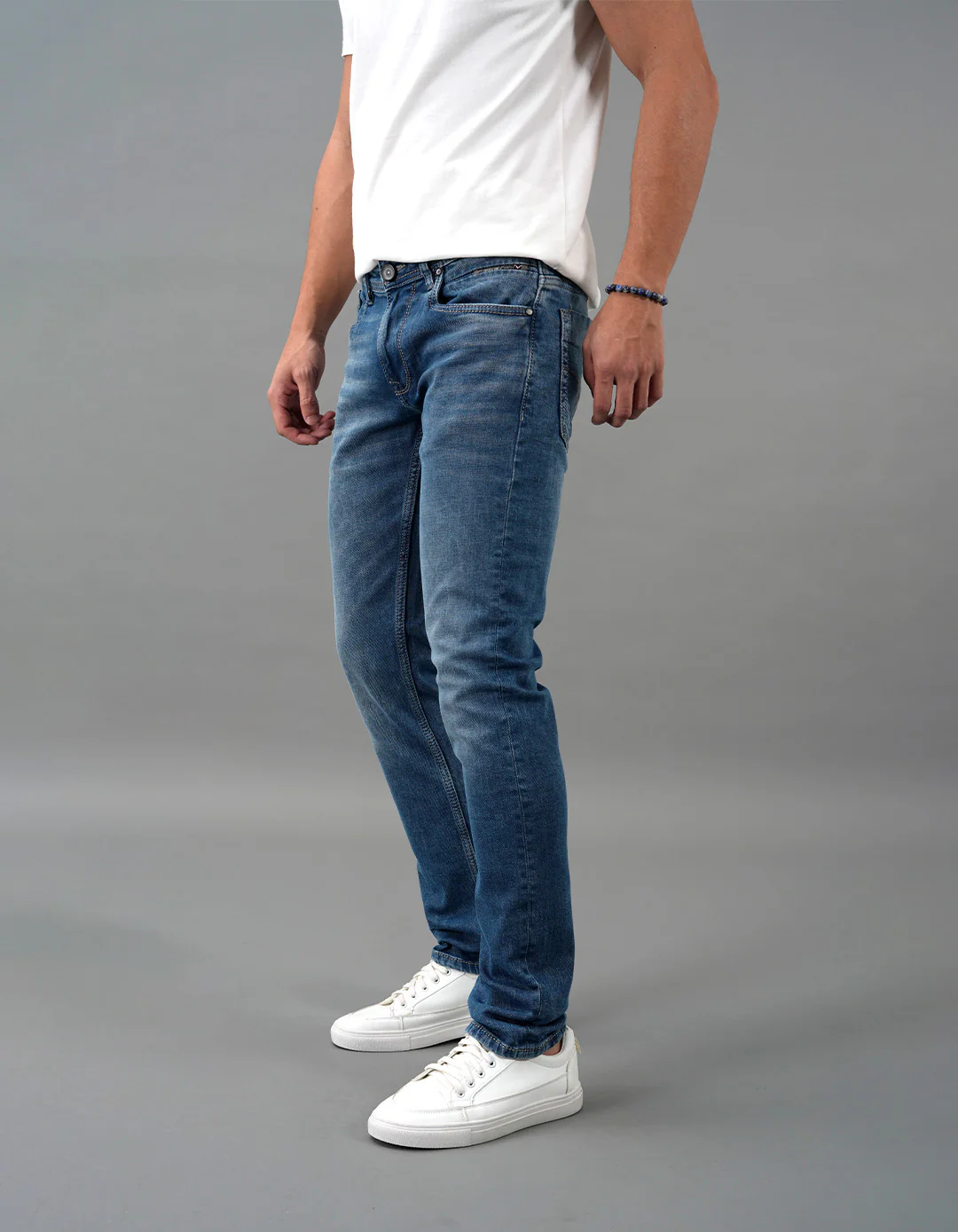 Med Blue 5 Pocket Mid-Rise Slim Straight Fit Jeans - Image 4