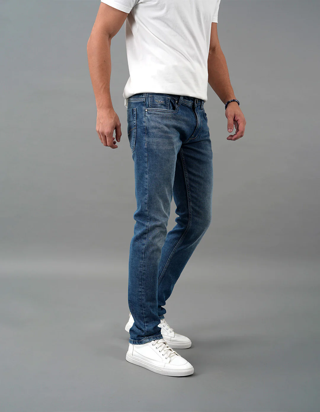 Med Blue 5 Pocket Mid-Rise Slim Straight Fit Jeans - Image 5