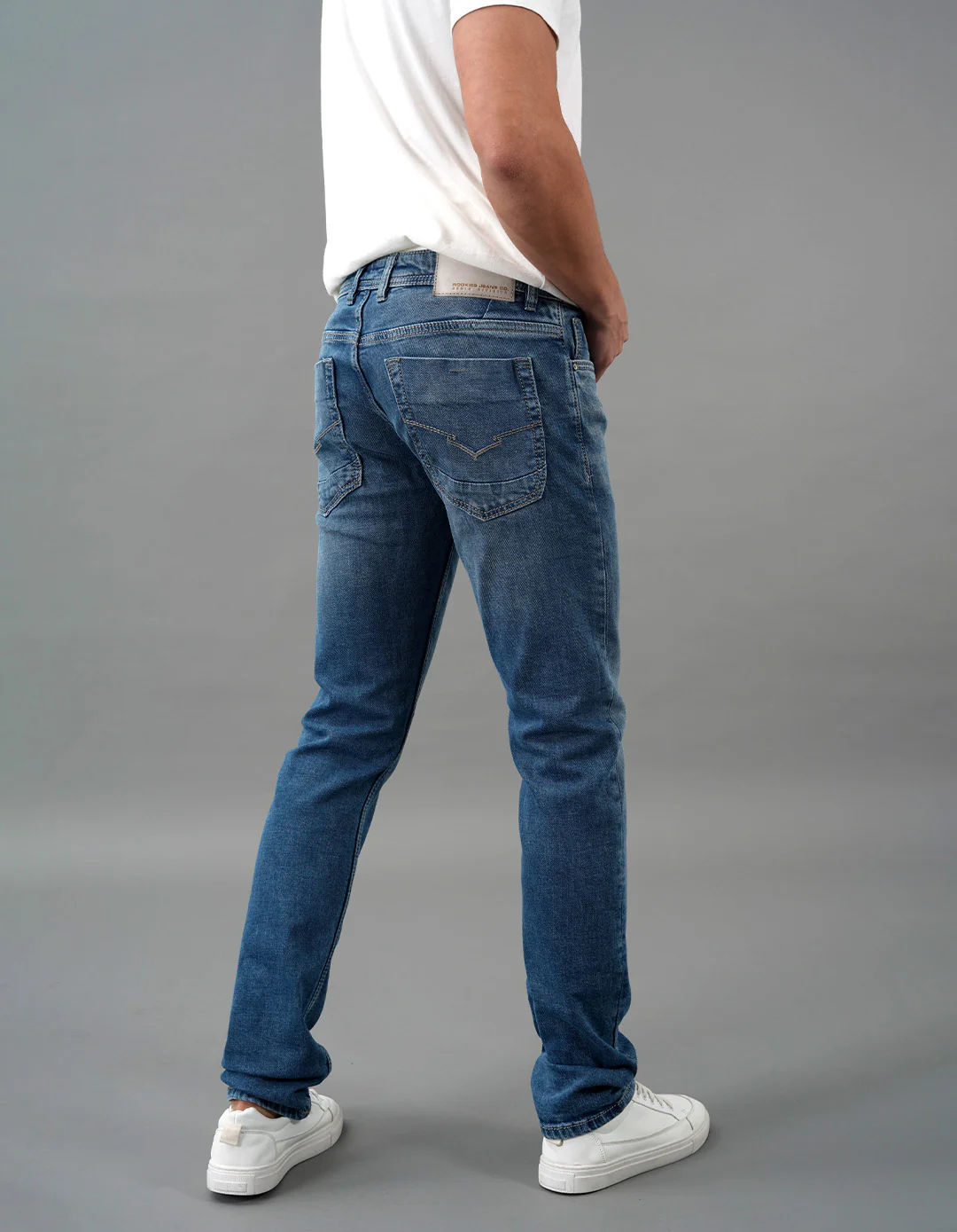 Med Blue 5 Pocket Mid-Rise Slim Straight Fit Jeans - Image 6