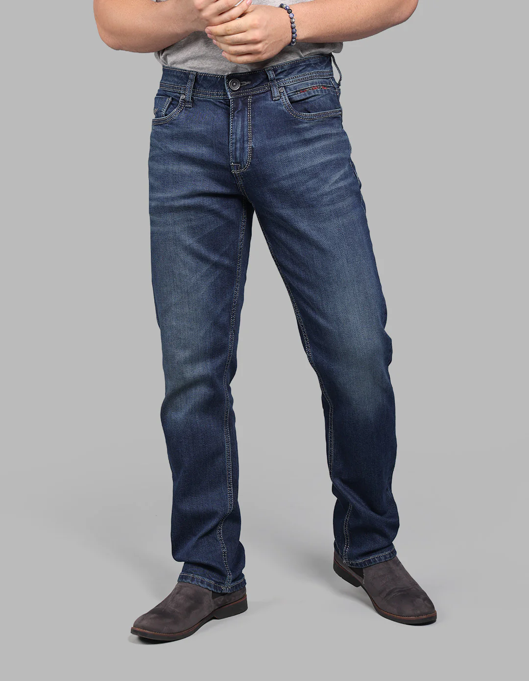 Med Blue 5 Pocket Midrise, Comfort And Straight Fit Stretch Jeans