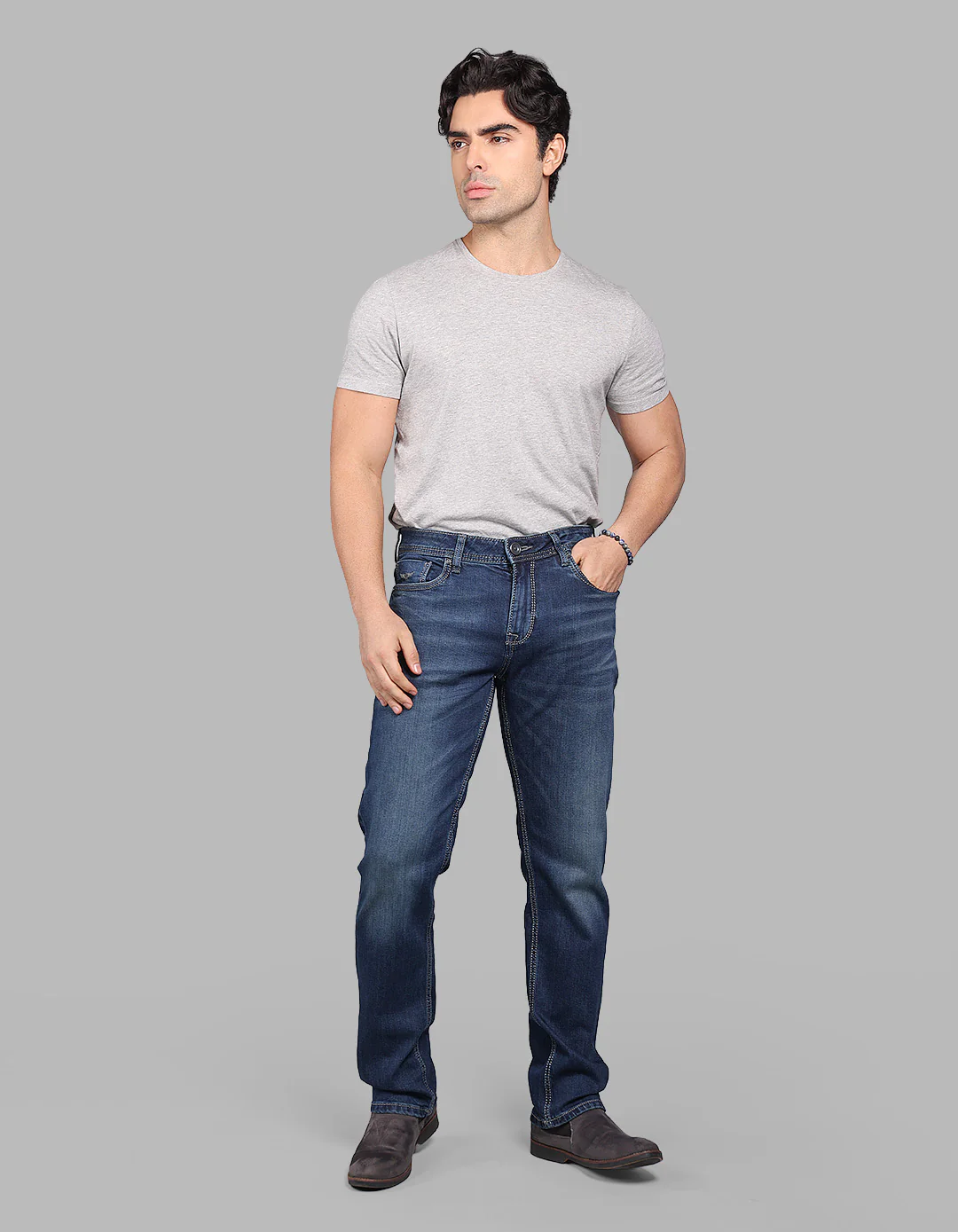 Med Blue 5 Pocket Midrise, Comfort And Straight Fit Stretch Jeans - Image 2