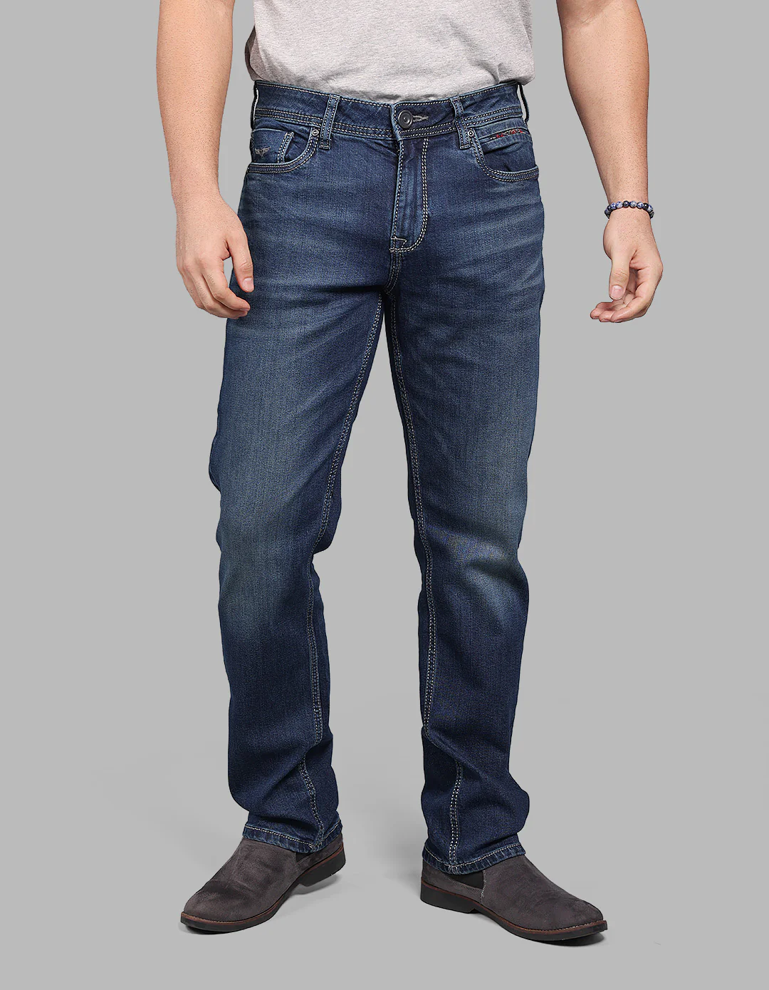 Med Blue 5 Pocket Midrise, Comfort And Straight Fit Stretch Jeans - Image 3