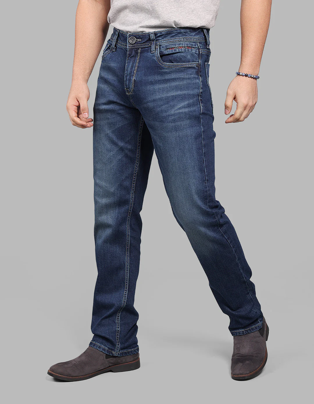 Med Blue 5 Pocket Midrise, Comfort And Straight Fit Stretch Jeans - Image 4