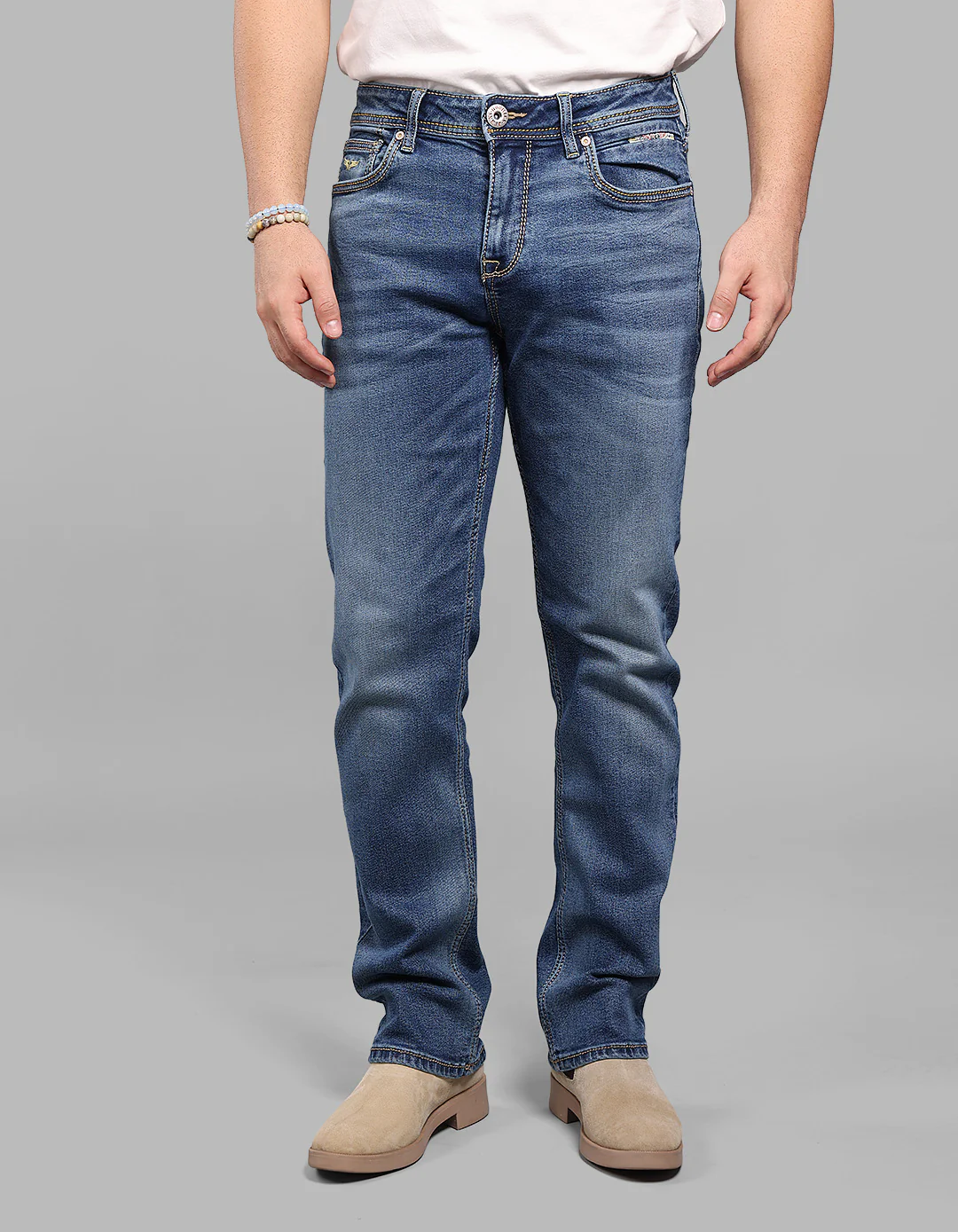 Med Blue 5 Pocket Midrise, Comfort And Straight Fit Stretch Jeans