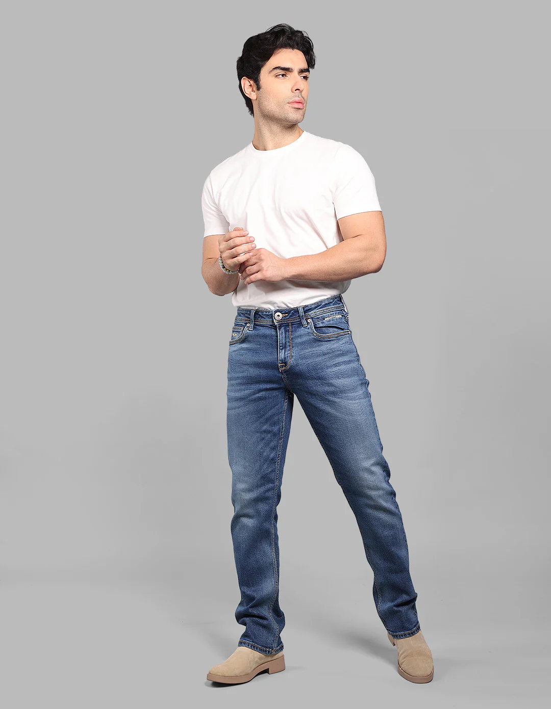 Med Blue 5 Pocket Midrise, Comfort And Straight Fit Stretch Jeans - Image 2