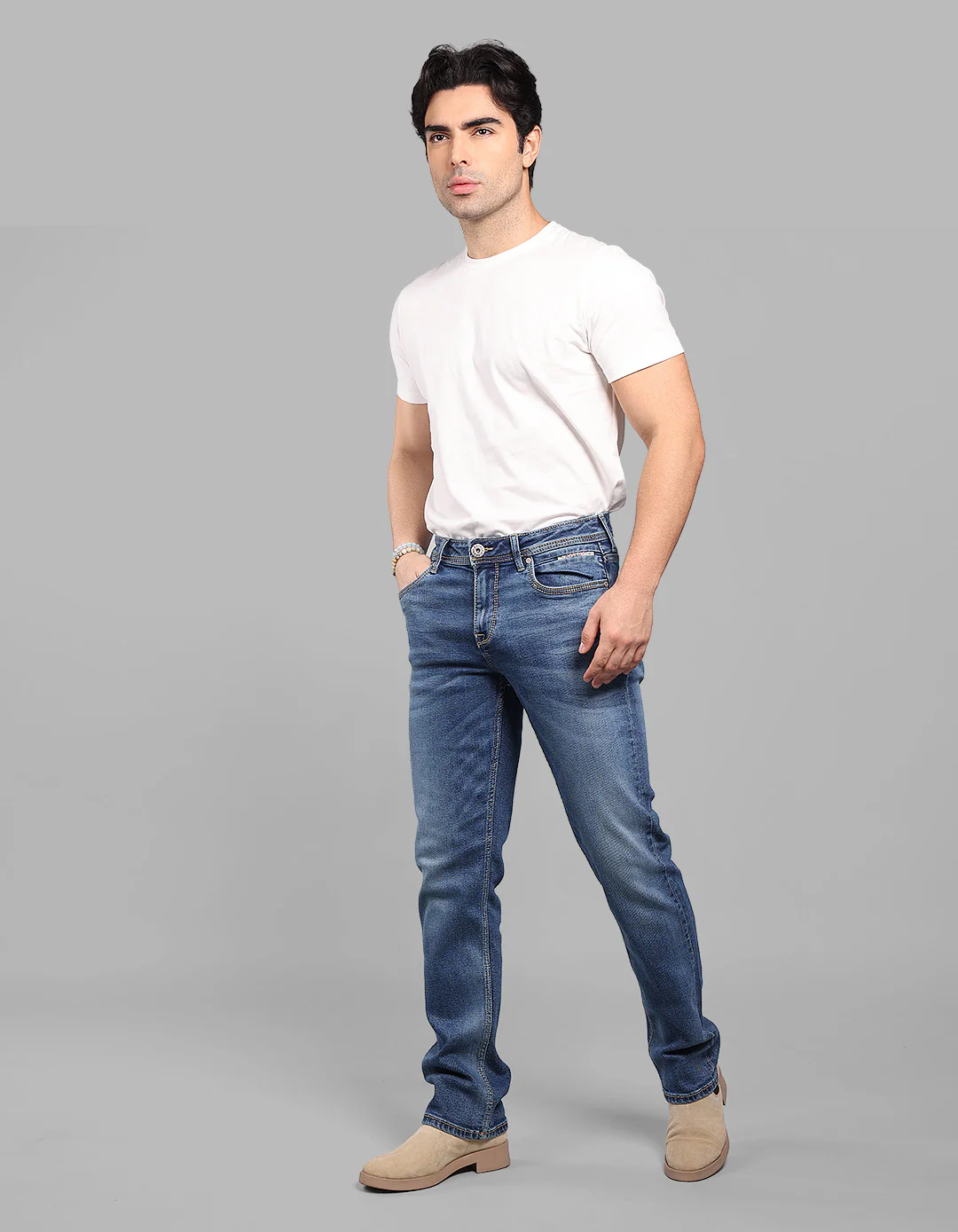 Med Blue 5 Pocket Midrise, Comfort And Straight Fit Stretch Jeans - Image 3