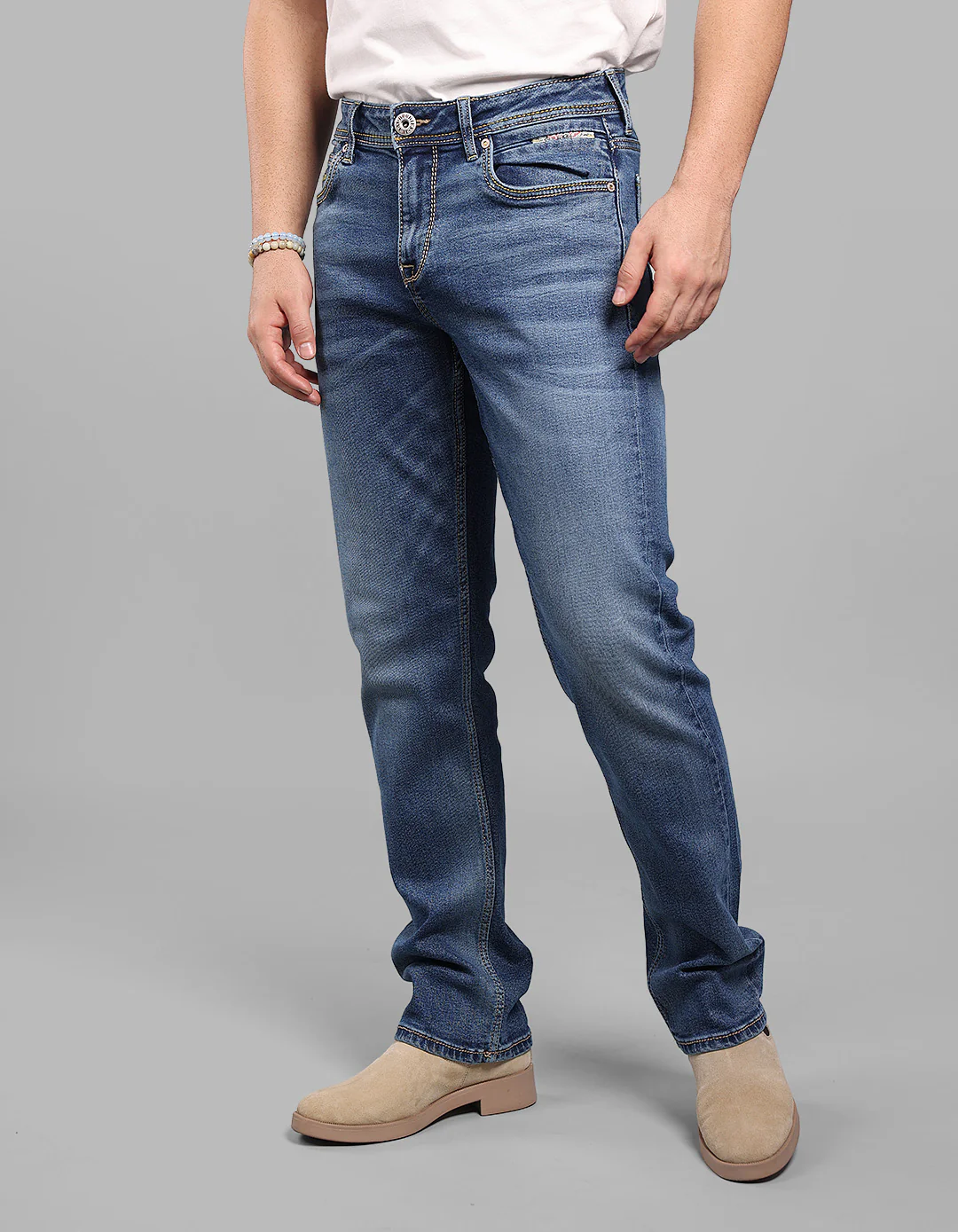 Med Blue 5 Pocket Midrise, Comfort And Straight Fit Stretch Jeans - Image 4