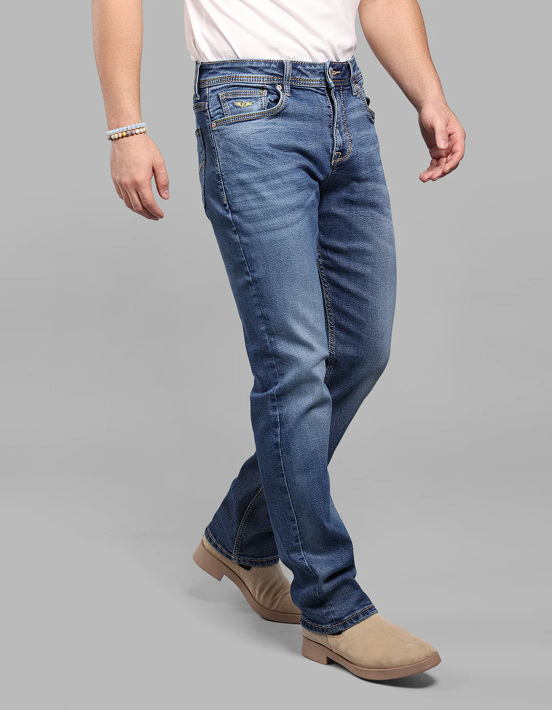 Med Blue 5 Pocket Midrise, Comfort And Straight Fit Stretch Jeans - Image 5