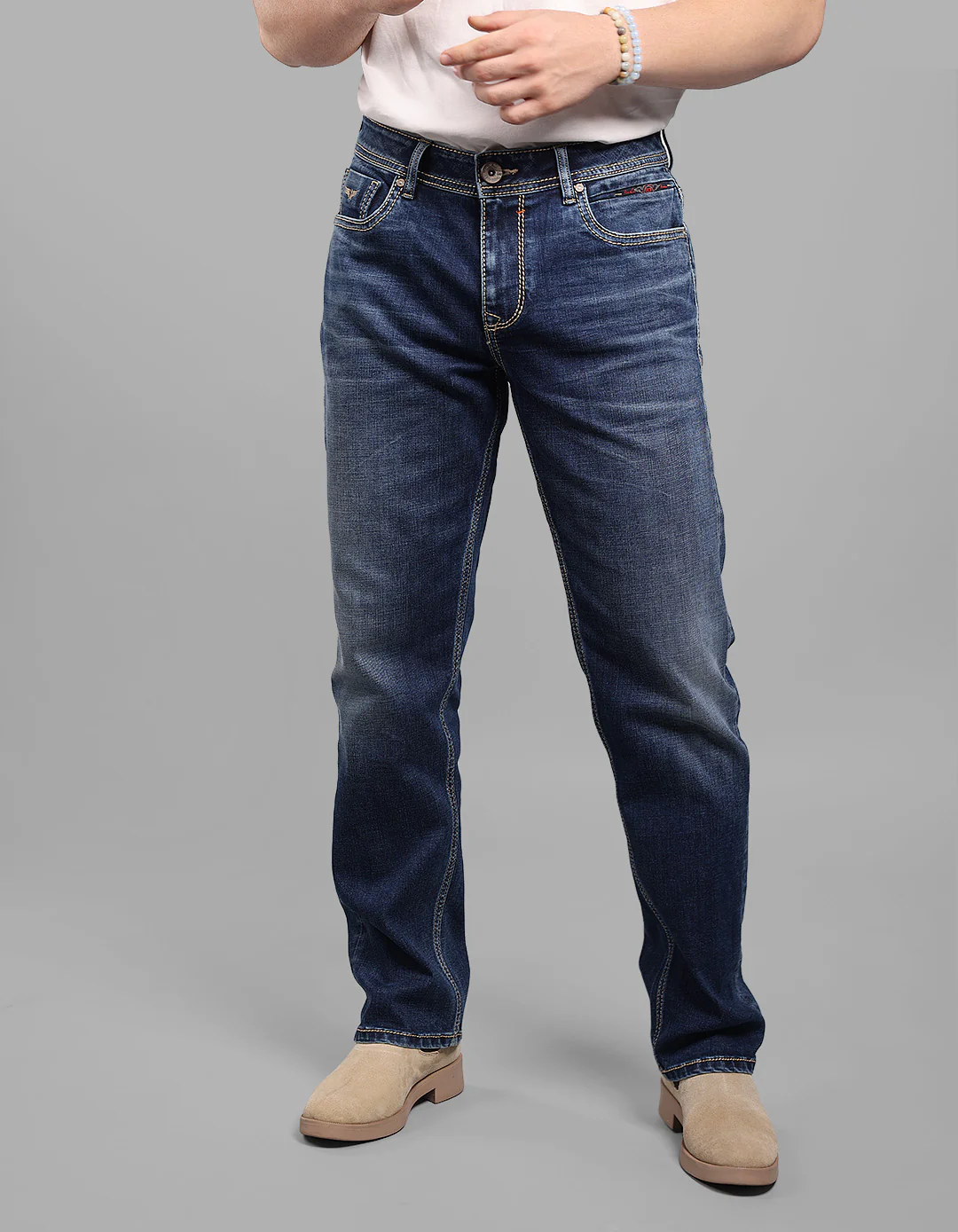 Med Blue 5 Pocket Midrise, Comfort And Straight Fit Stretch Jeans