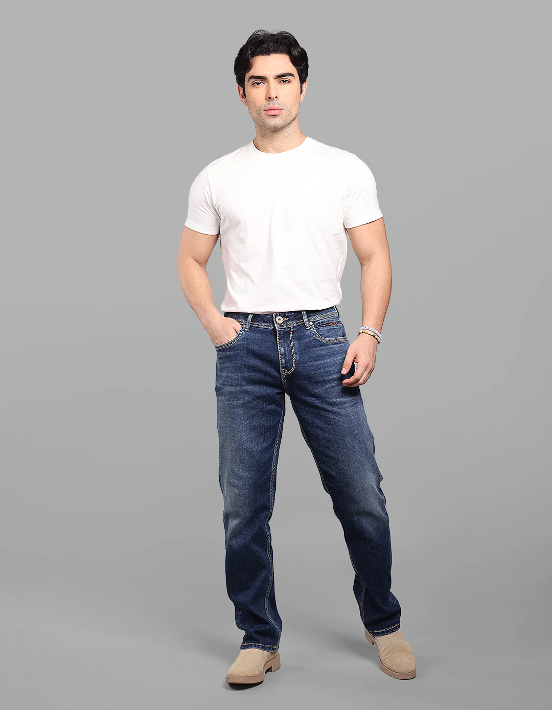 Med Blue 5 Pocket Midrise, Comfort And Straight Fit Stretch Jeans - Image 2
