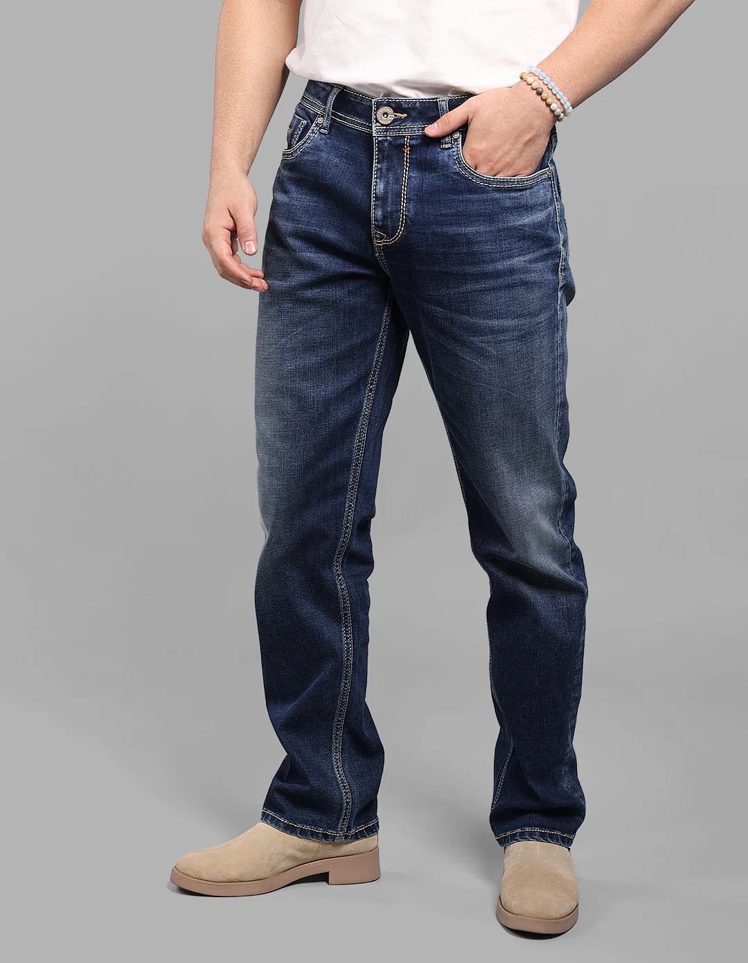 Med Blue 5 Pocket Midrise, Comfort And Straight Fit Stretch Jeans - Image 3