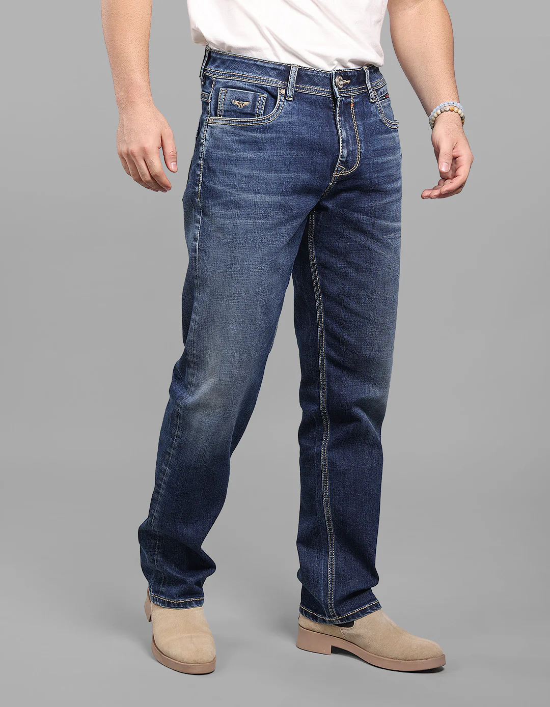 Med Blue 5 Pocket Midrise, Comfort And Straight Fit Stretch Jeans - Image 4