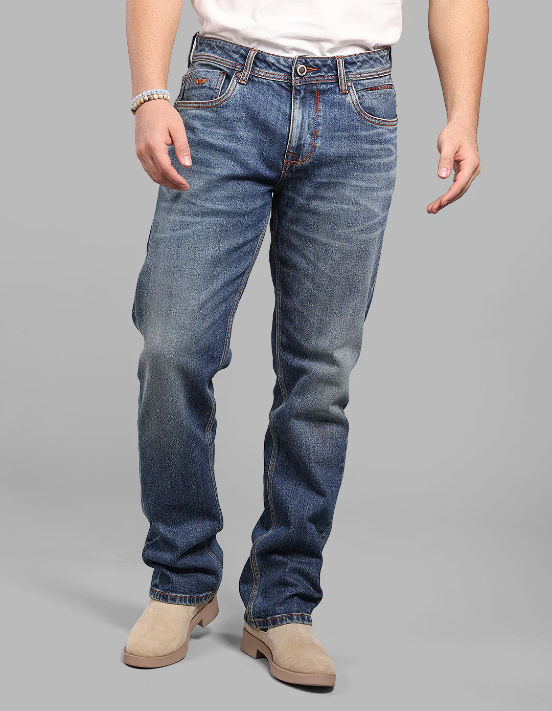 Med Blue 5 Pocket Midrise, Comfort And Straight Fit Stretch Jeans
