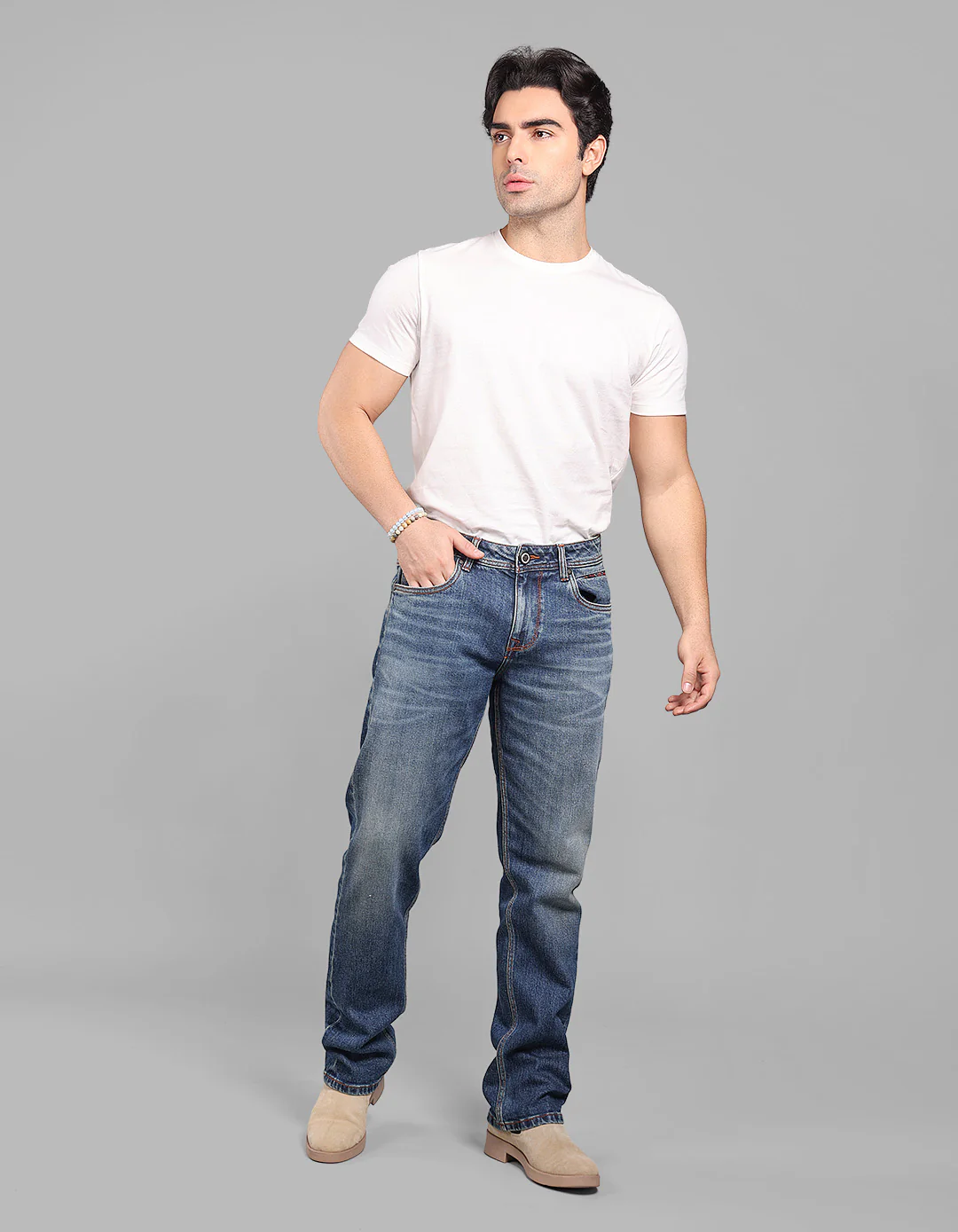 Med Blue 5 Pocket Midrise, Comfort And Straight Fit Stretch Jeans - Image 2