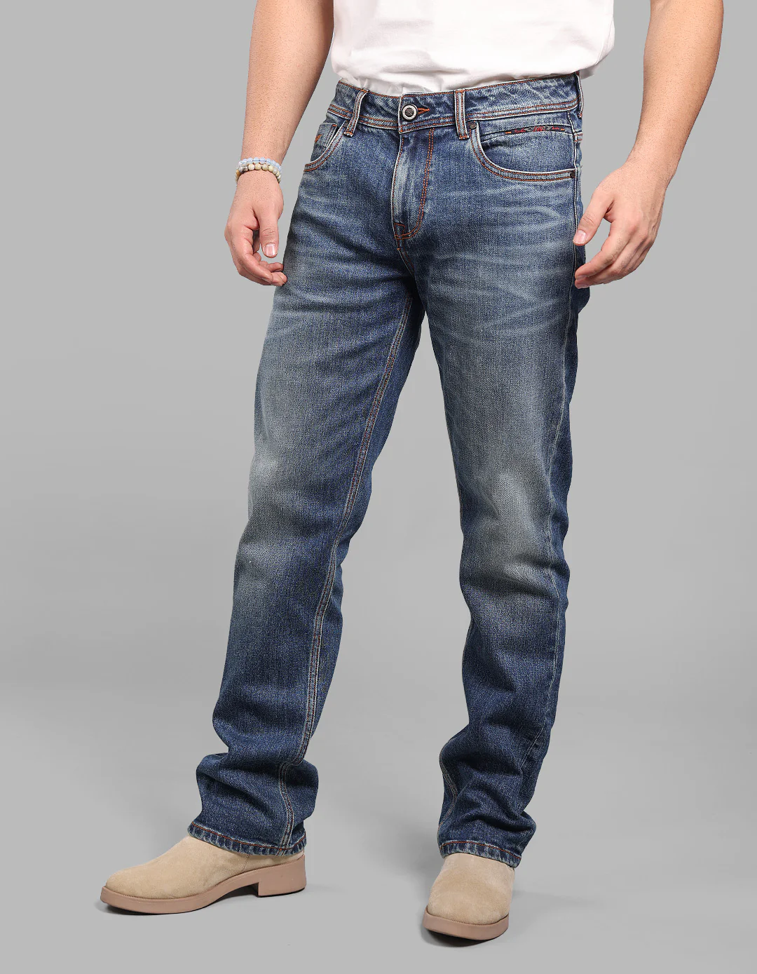 Med Blue 5 Pocket Midrise, Comfort And Straight Fit Stretch Jeans - Image 3