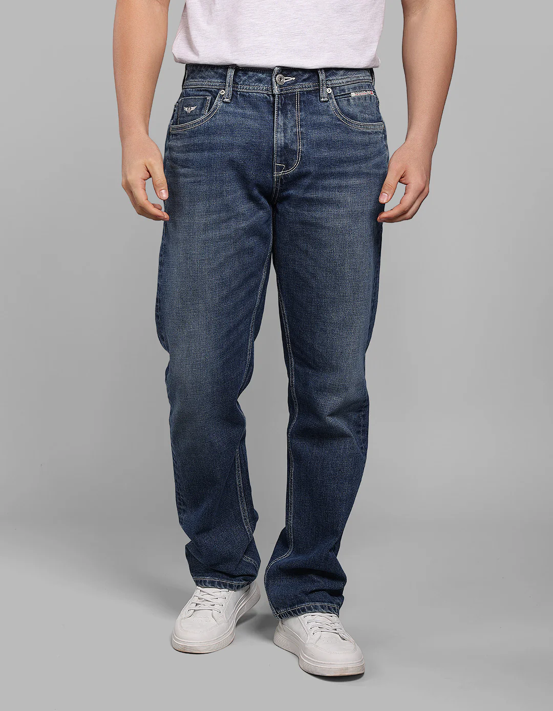 Med Blue 5 Pocket Midrise, Comfort And Straight Fit Stretch Jeans