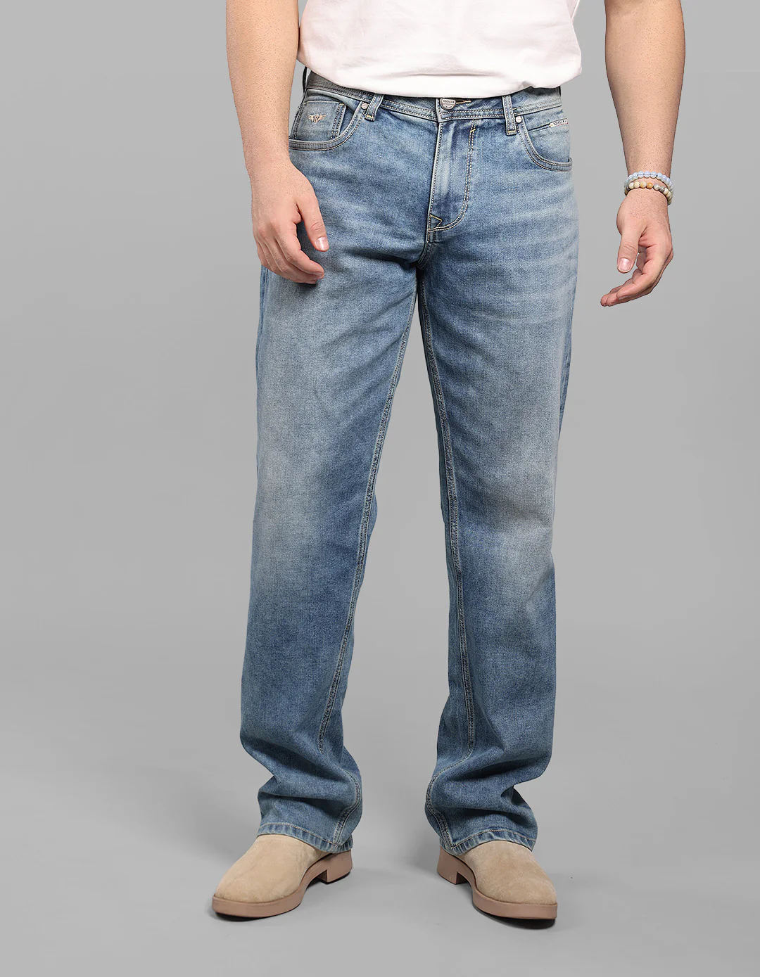 Med Blue 5 Pocket Midrise, Comfort And Straight Fit Stretch Jeans