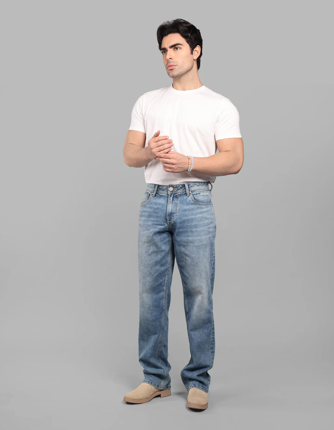 Med Blue 5 Pocket Midrise, Comfort And Straight Fit Stretch Jeans - Image 2