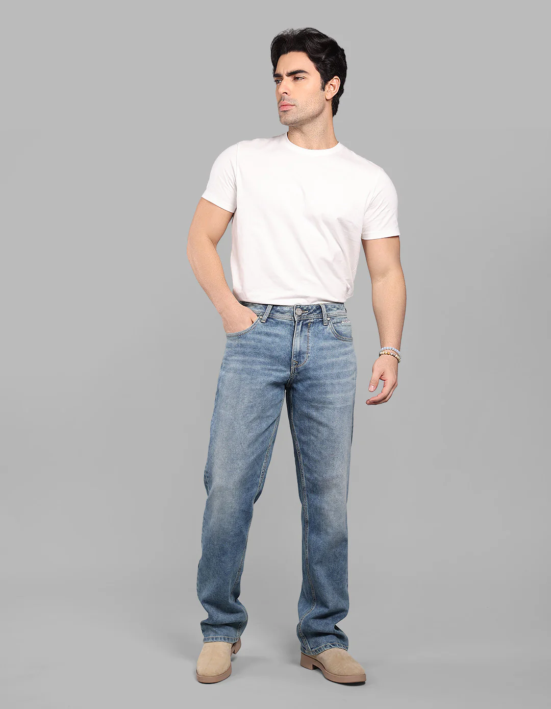Med Blue 5 Pocket Midrise, Comfort And Straight Fit Stretch Jeans - Image 3