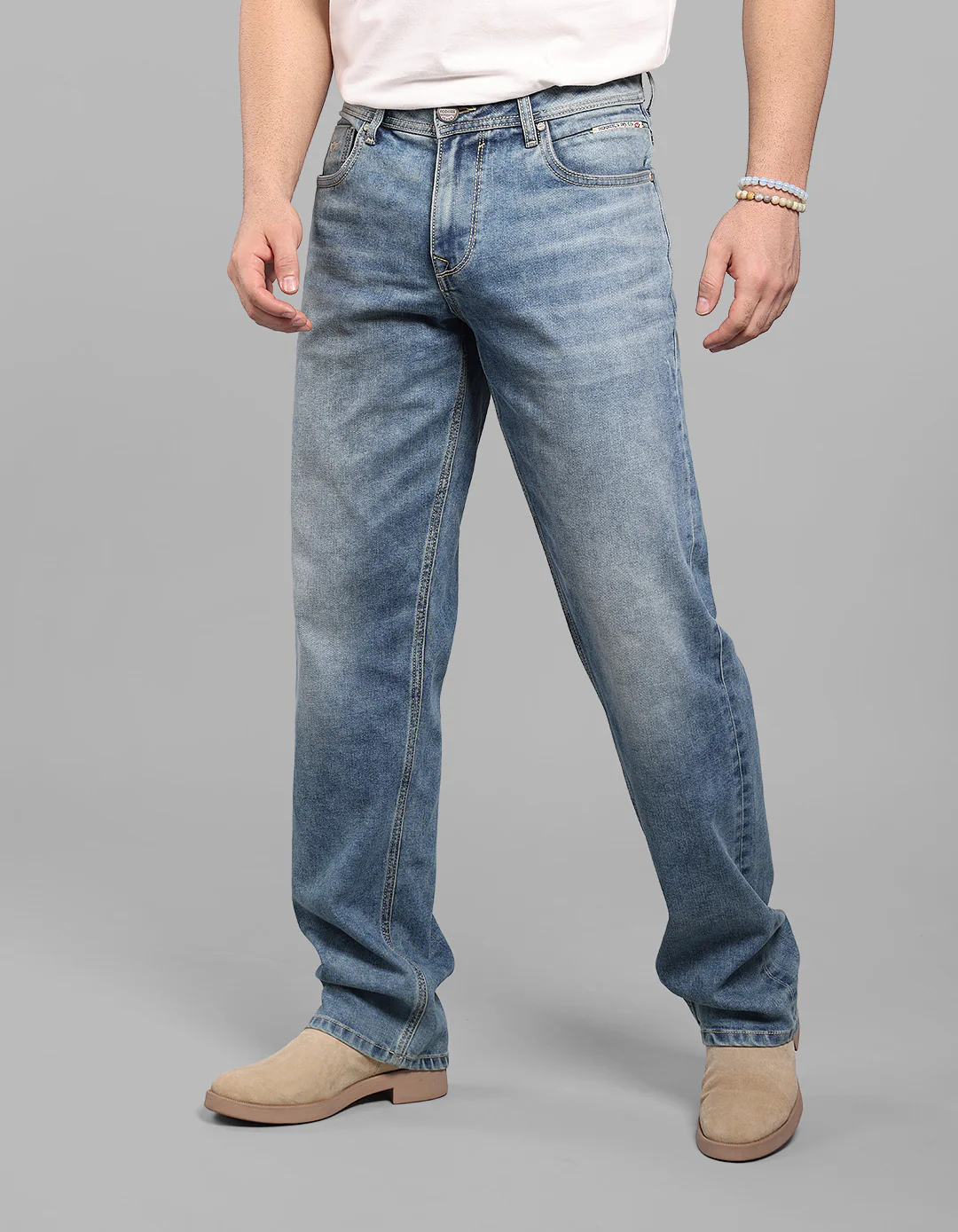 Med Blue 5 Pocket Midrise, Comfort And Straight Fit Stretch Jeans - Image 4
