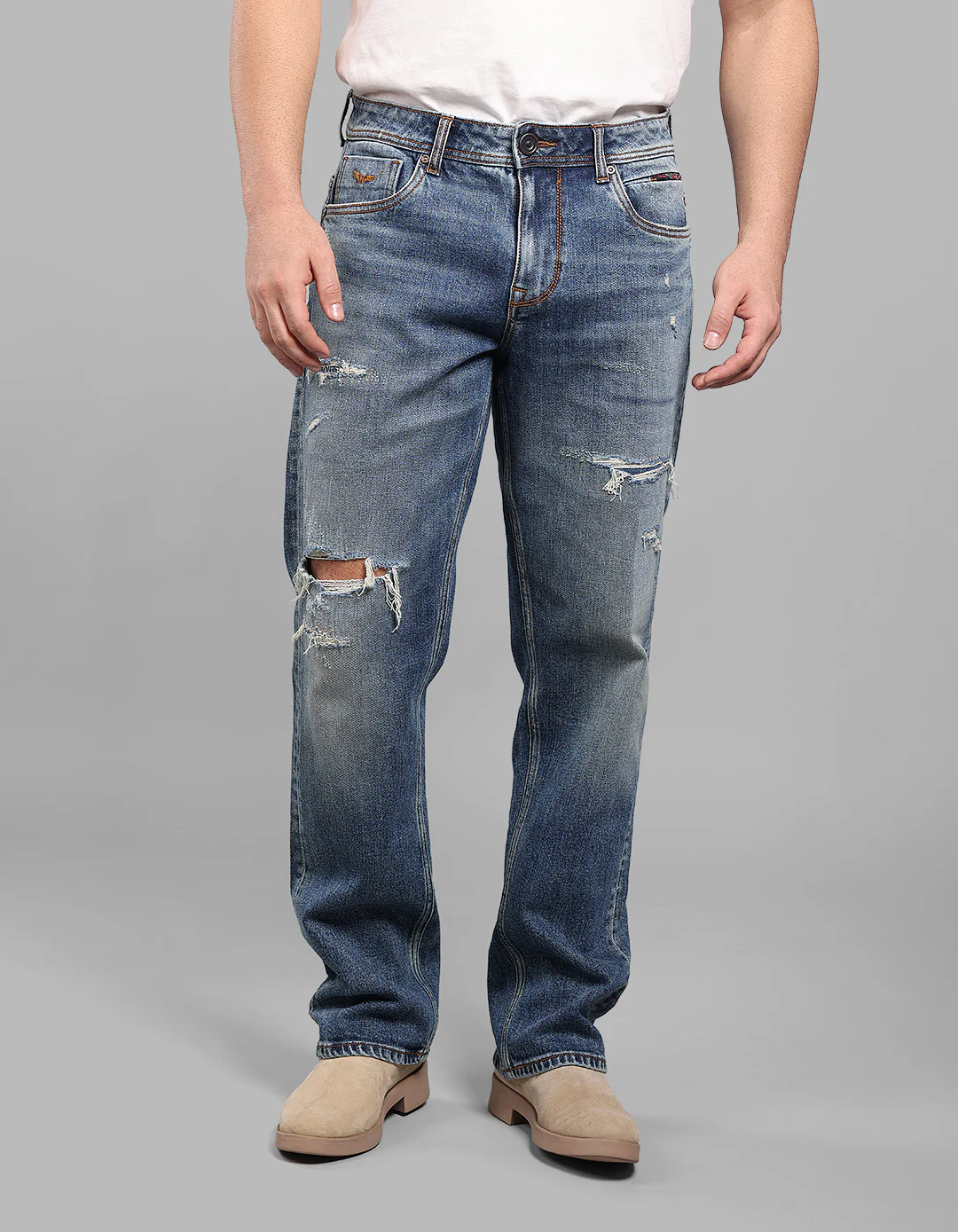 Med Blue 5 Pocket Midrise, Comfort And Straight Fit Stretch Jeans