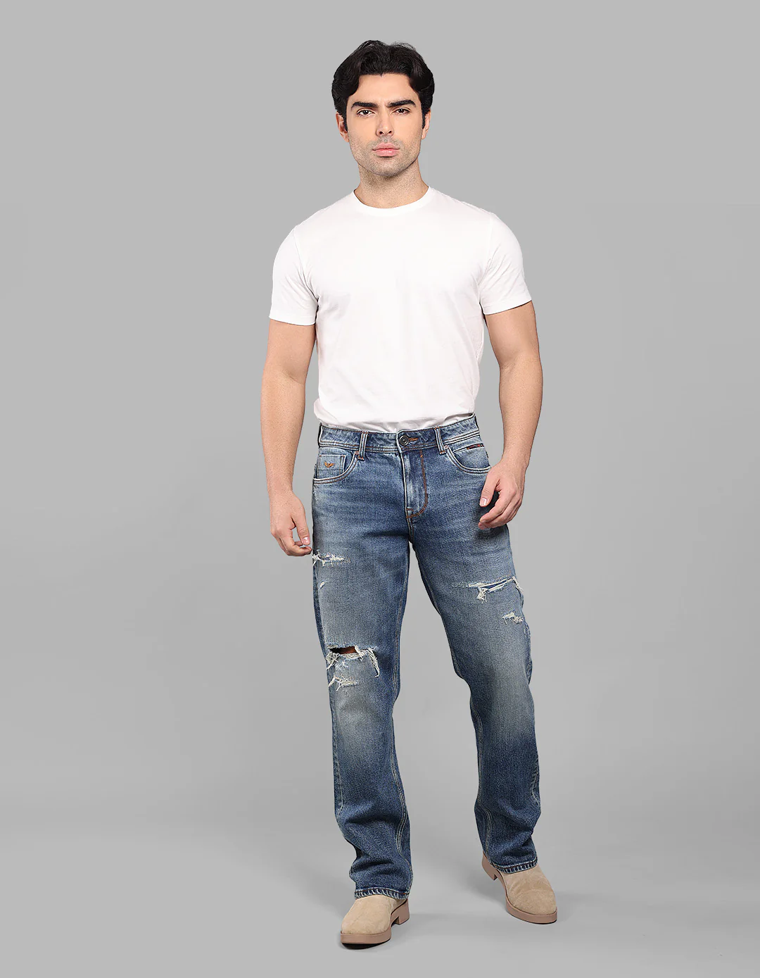Med Blue 5 Pocket Midrise, Comfort And Straight Fit Stretch Jeans - Image 2