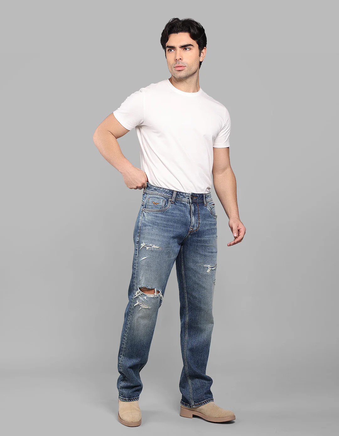 Med Blue 5 Pocket Midrise, Comfort And Straight Fit Stretch Jeans - Image 3