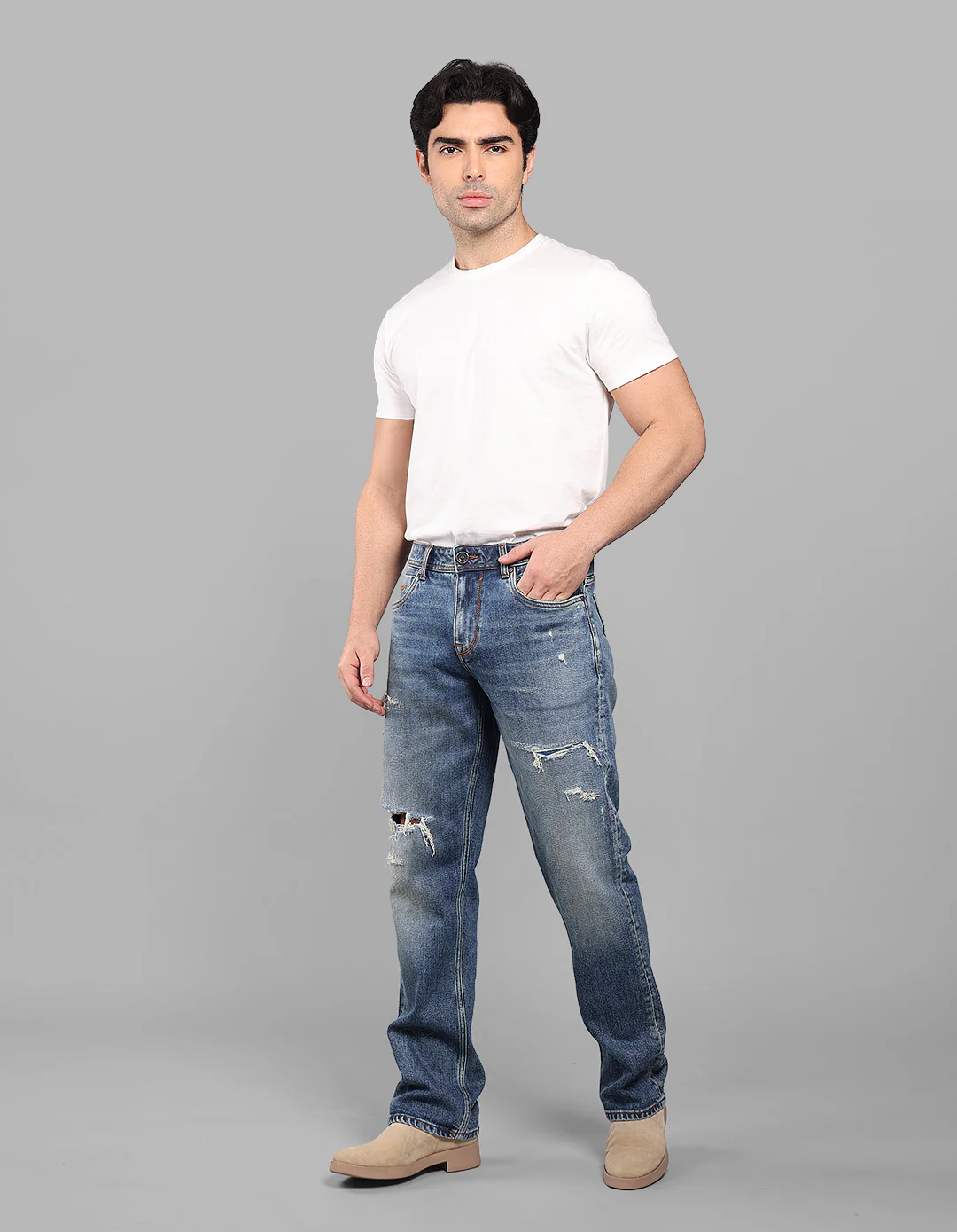 Med Blue 5 Pocket Midrise, Comfort And Straight Fit Stretch Jeans - Image 4