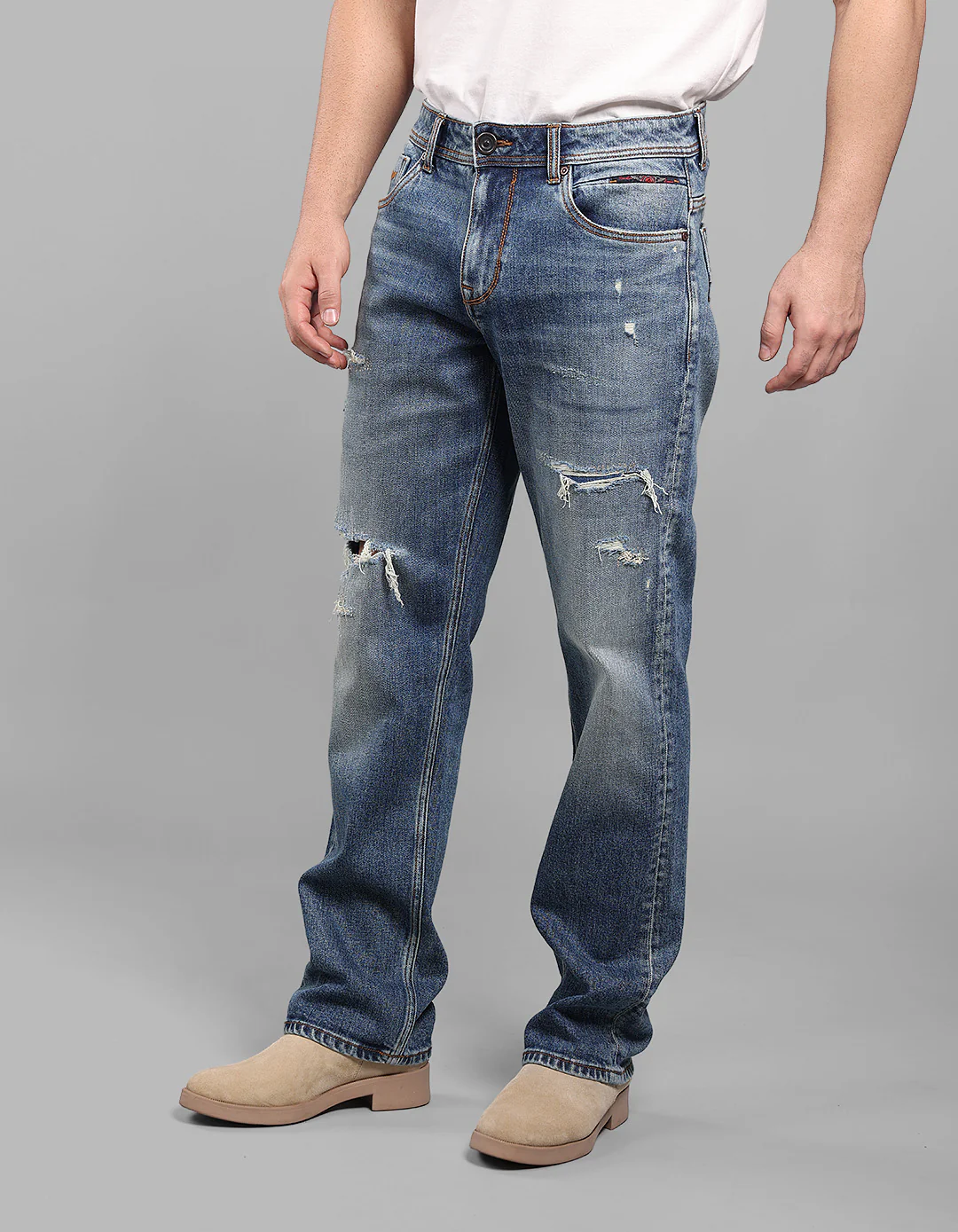 Med Blue 5 Pocket Midrise, Comfort And Straight Fit Stretch Jeans - Image 5