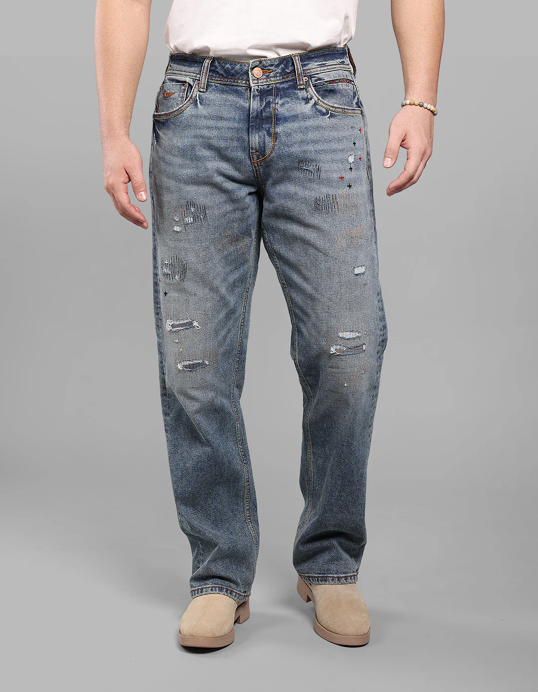Med Blue 5 Pocket Midrise, Comfort And Straight Fit Stretch Jeans