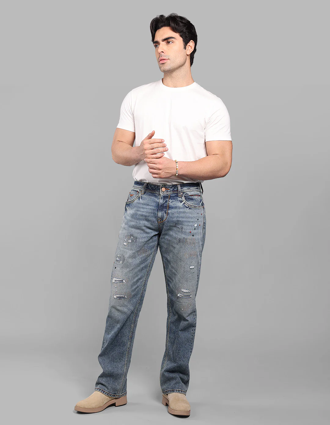 Med Blue 5 Pocket Midrise, Comfort And Straight Fit Stretch Jeans - Image 2