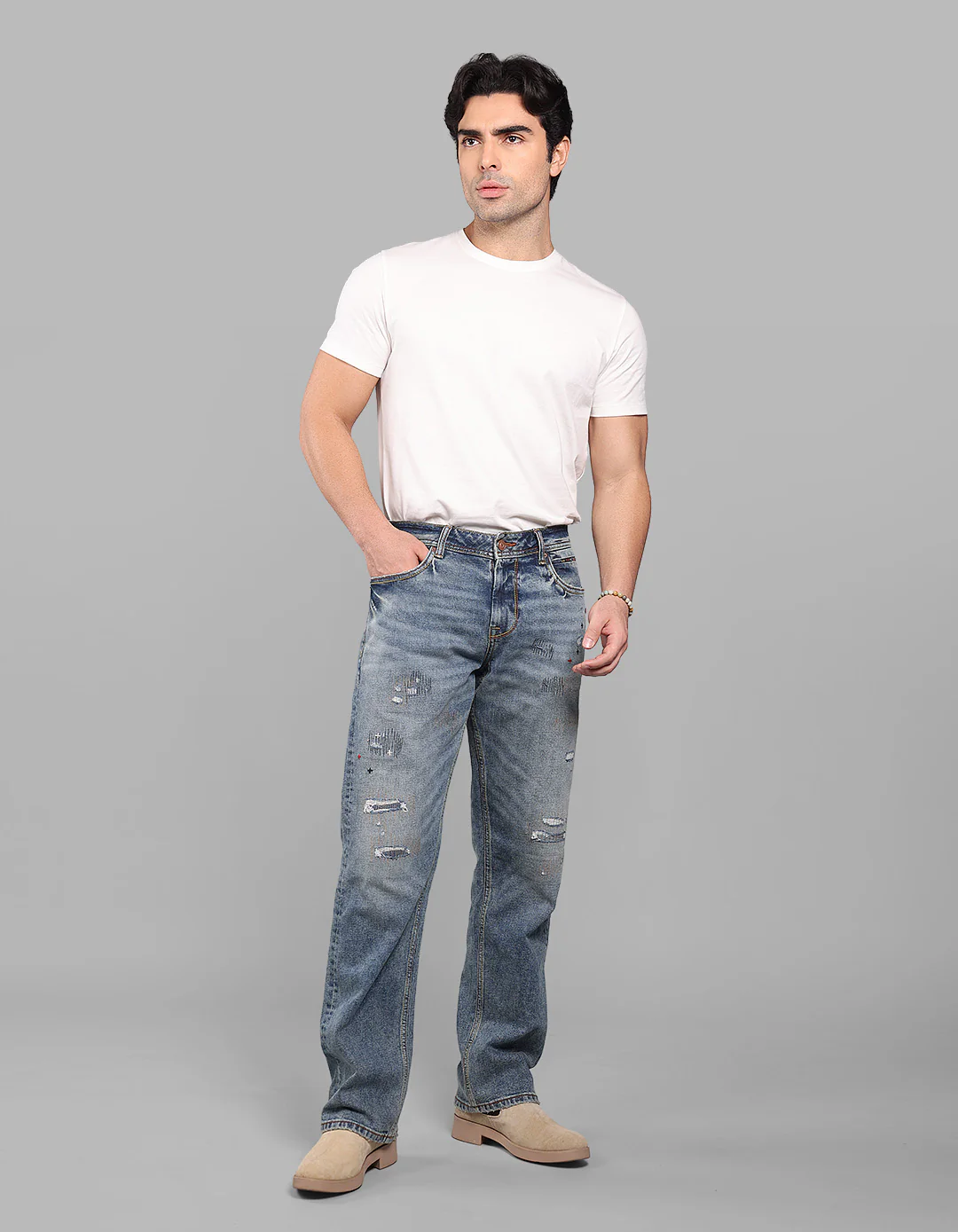 Med Blue 5 Pocket Midrise, Comfort And Straight Fit Stretch Jeans - Image 3