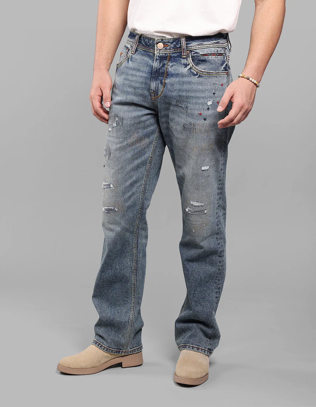 Med Blue 5 Pocket Midrise, Comfort And Straight Fit Stretch Jeans - Image 4