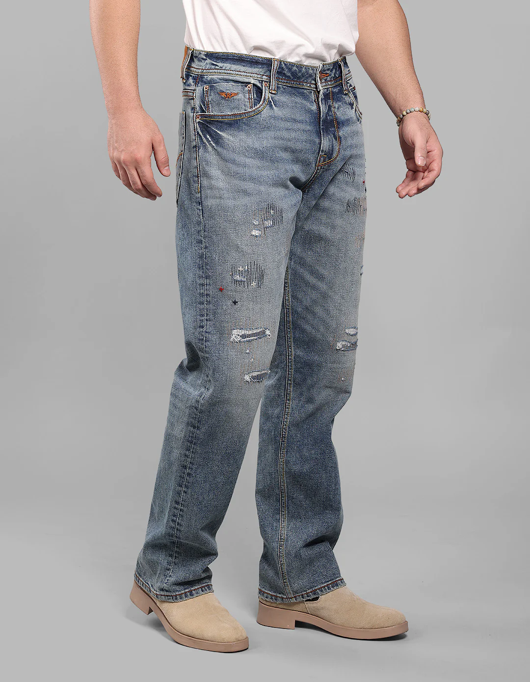 Med Blue 5 Pocket Midrise, Comfort And Straight Fit Stretch Jeans - Image 5