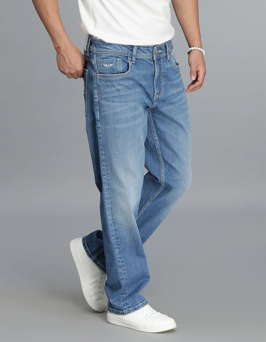Med Blue 5 Pocket Midrise, Comfort Straight Fit Cropped Jeans - Image 4