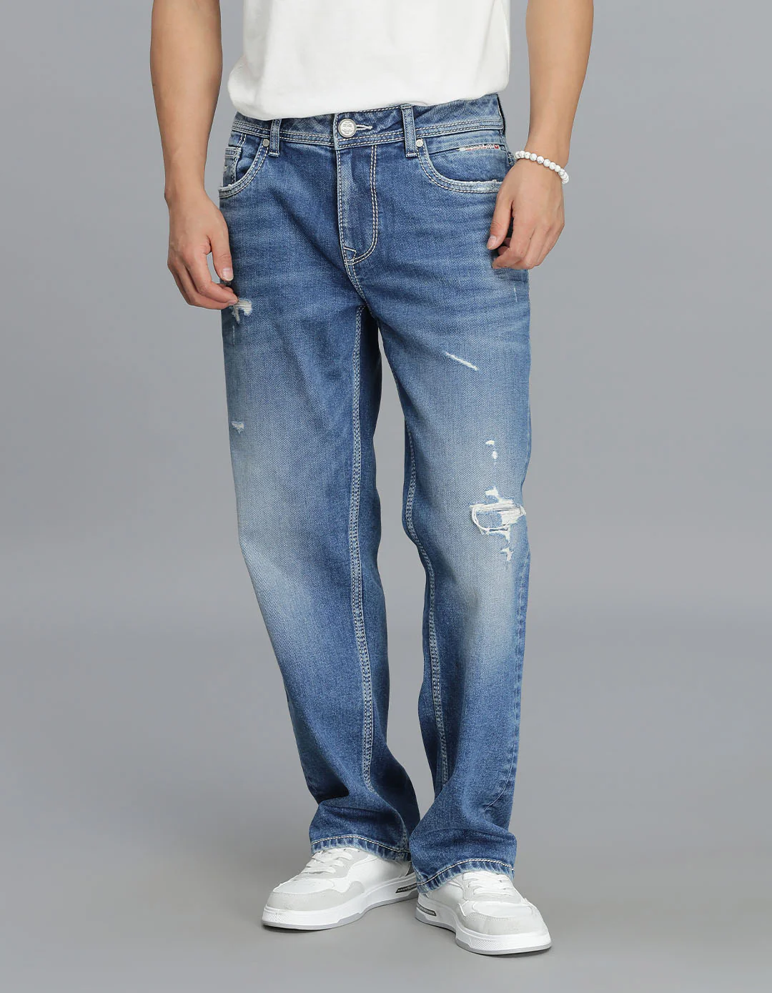 Med Blue 5 Pocket Midrise, Comfort Straight Fit Cropped Jeans