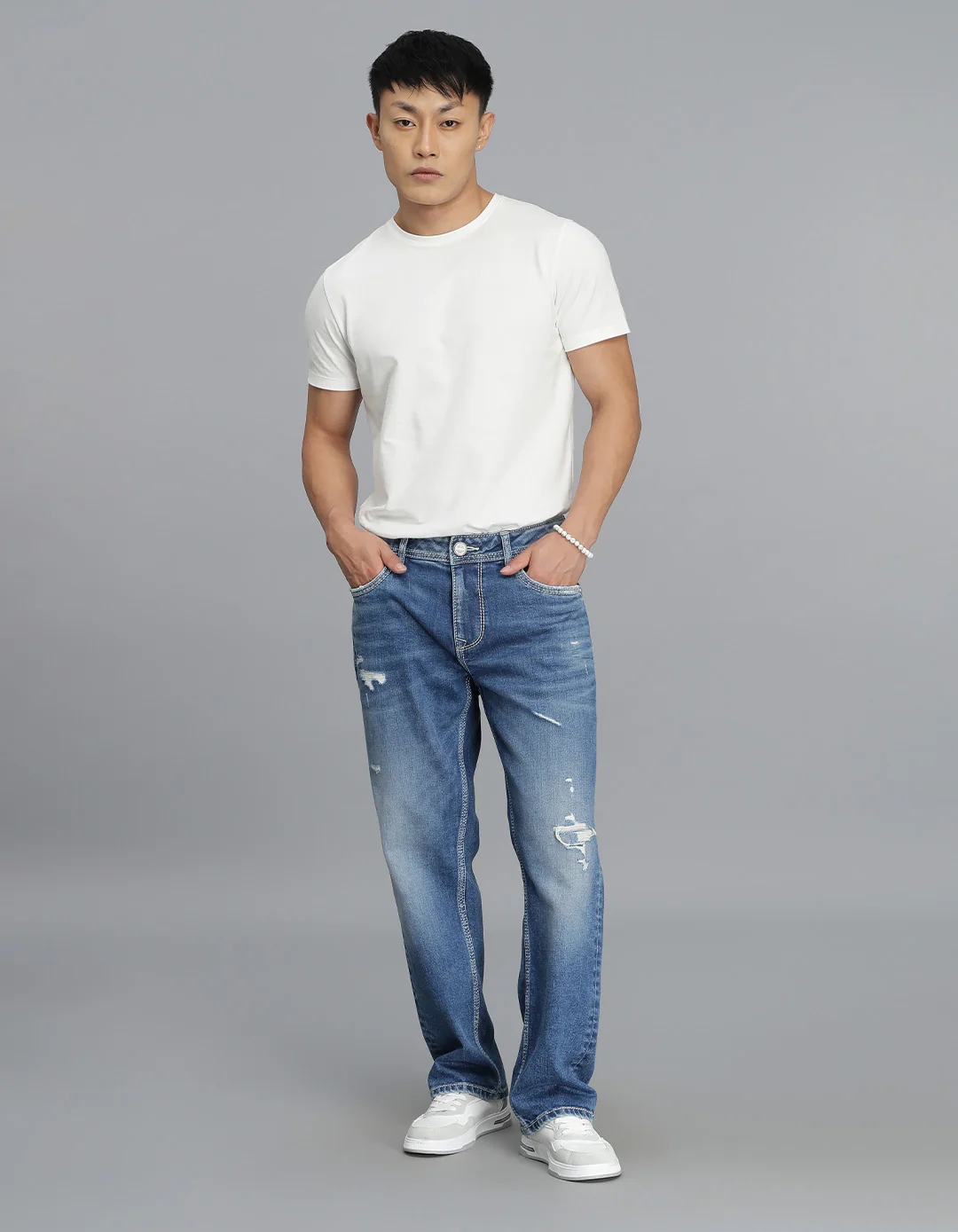 Med Blue 5 Pocket Midrise, Comfort Straight Fit Cropped Jeans - Image 2