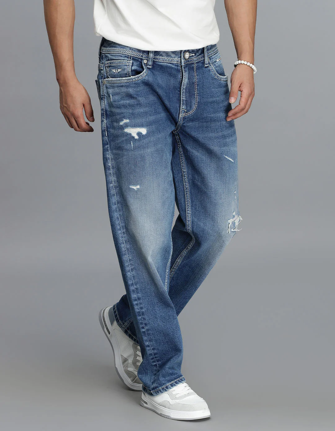 Med Blue 5 Pocket Midrise, Comfort Straight Fit Cropped Jeans - Image 4