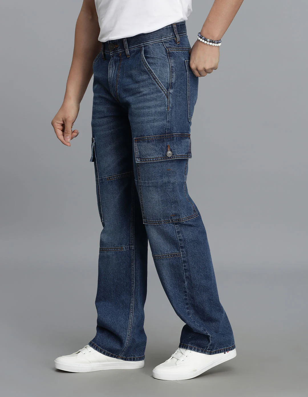 Med Blue Loose Fit Denim Cargo Pant - Image 3